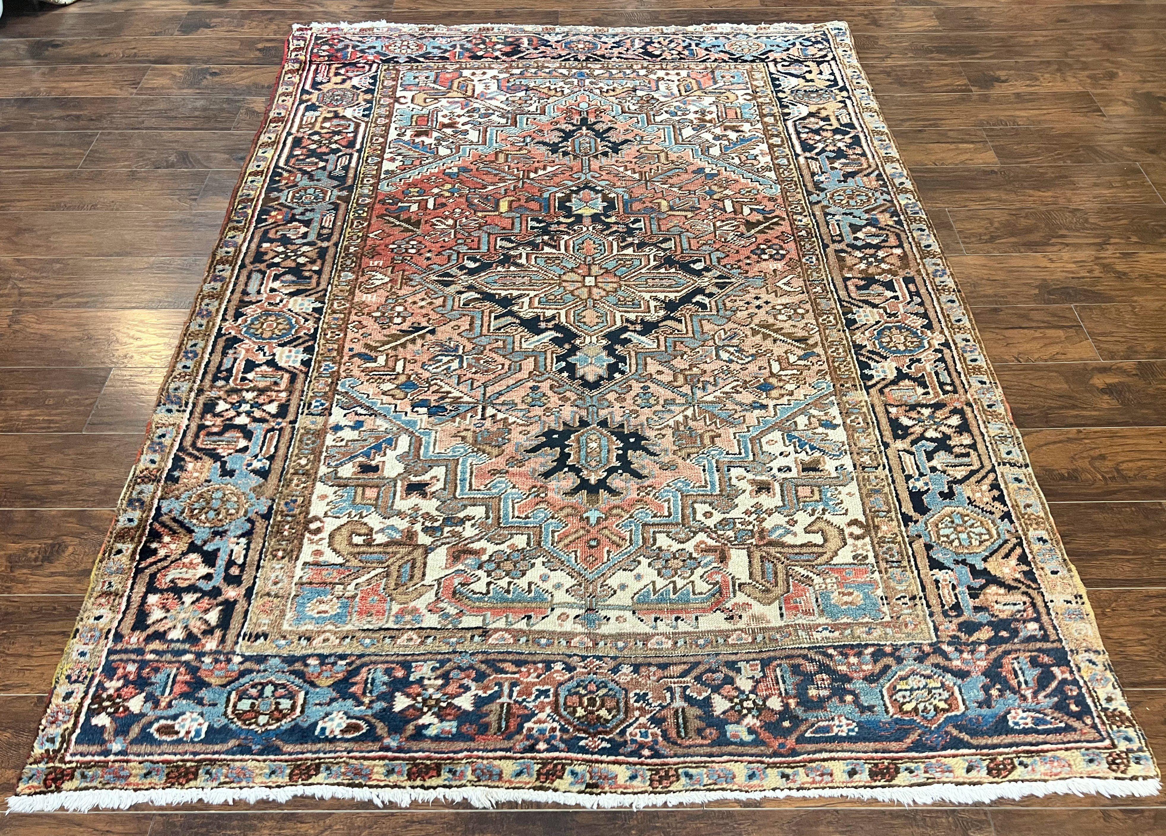 Antique Persian Heriz Rug 6x8, Geometric Medallion, 1920s Oriental Carpet, Handmade Wool Rug - Jewel Rugs