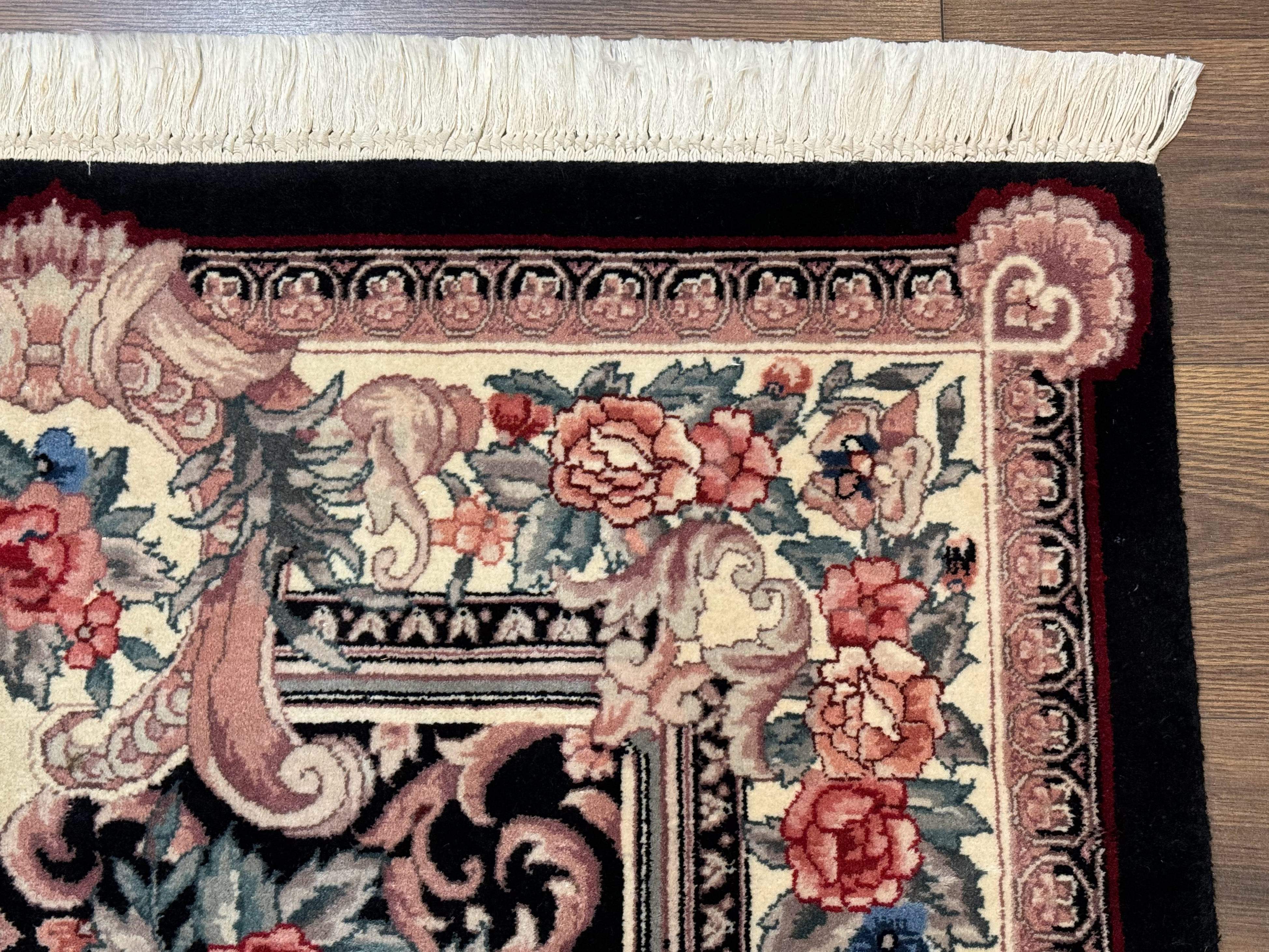 Aubusson Rug 4x6, Elegant European Floral Design, Black and Ivory, Fine 200 KPSI - Jewel Rugs