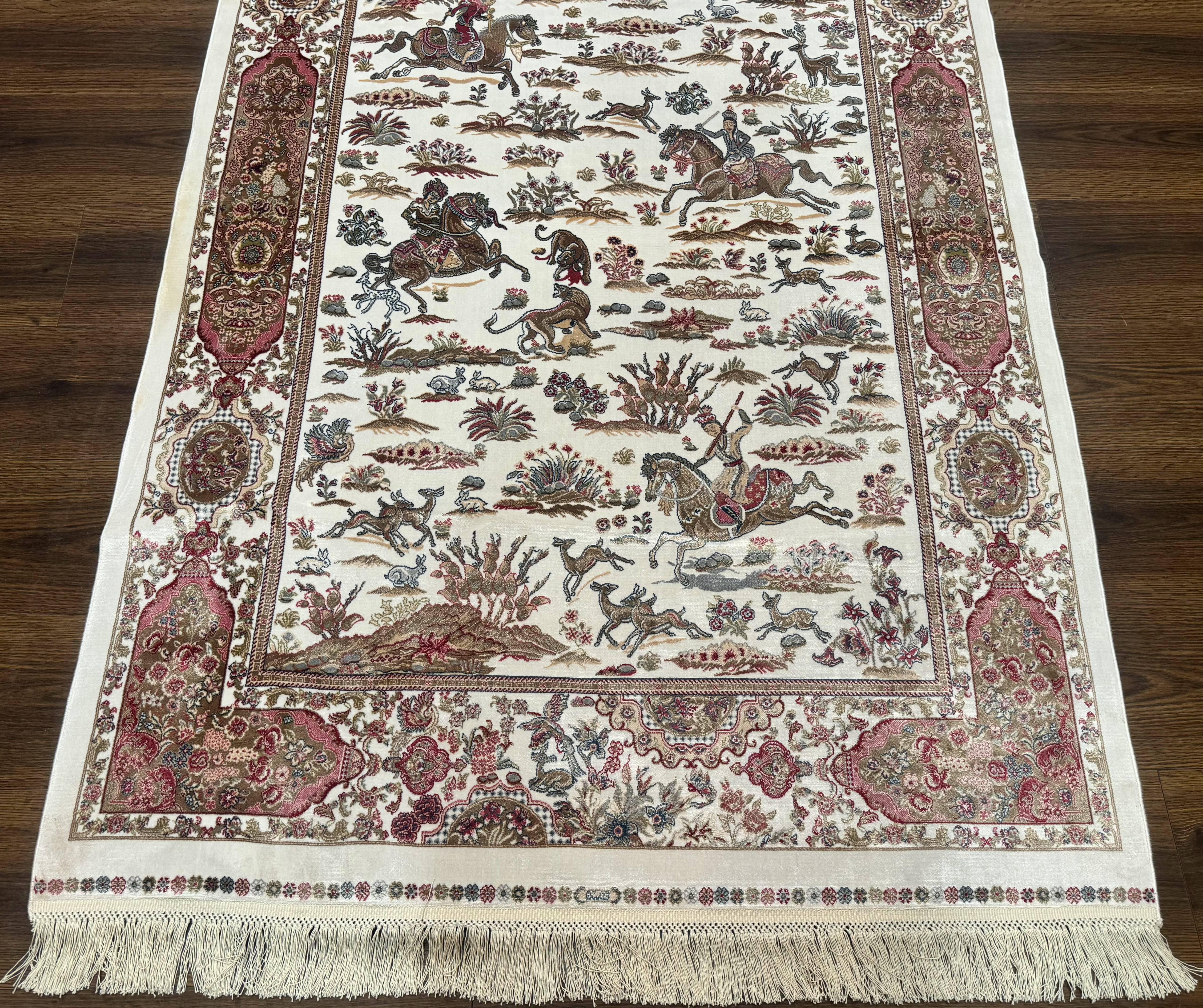 Turkish Silk Hunting Scene Rug 4x6, Ivory, Bamboo Silk, New - Jewel Rugs