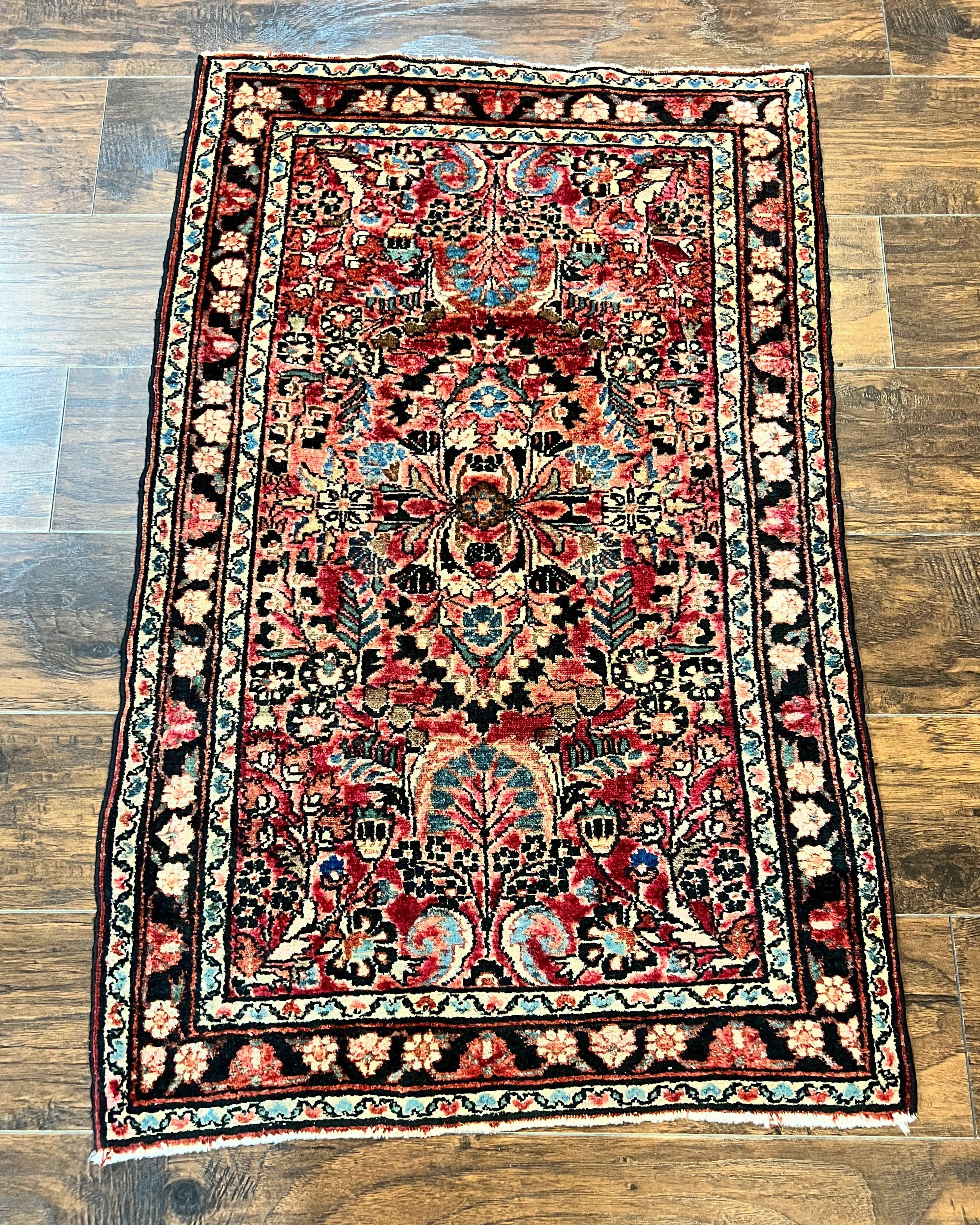 Small Antique Persian Rug 2.6 x 4, Red Floral Handmade 1920s Wool Rug, Persian Hamadan Lilian Rug - Jewel Rugs