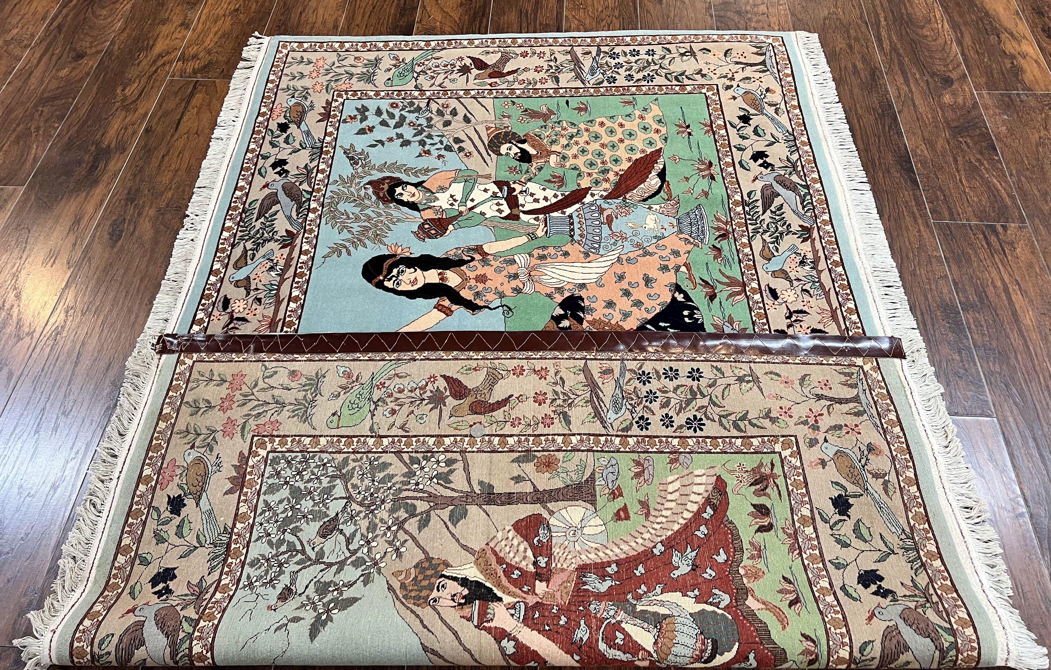 Indo Persian Pictorial Rug 4x7, Handmade Hand Knotted Wool Semi Antique Horizontal Carpet, Men & Women Drinking, Fine Rug, Bird Pictorials - Jewel Rugs