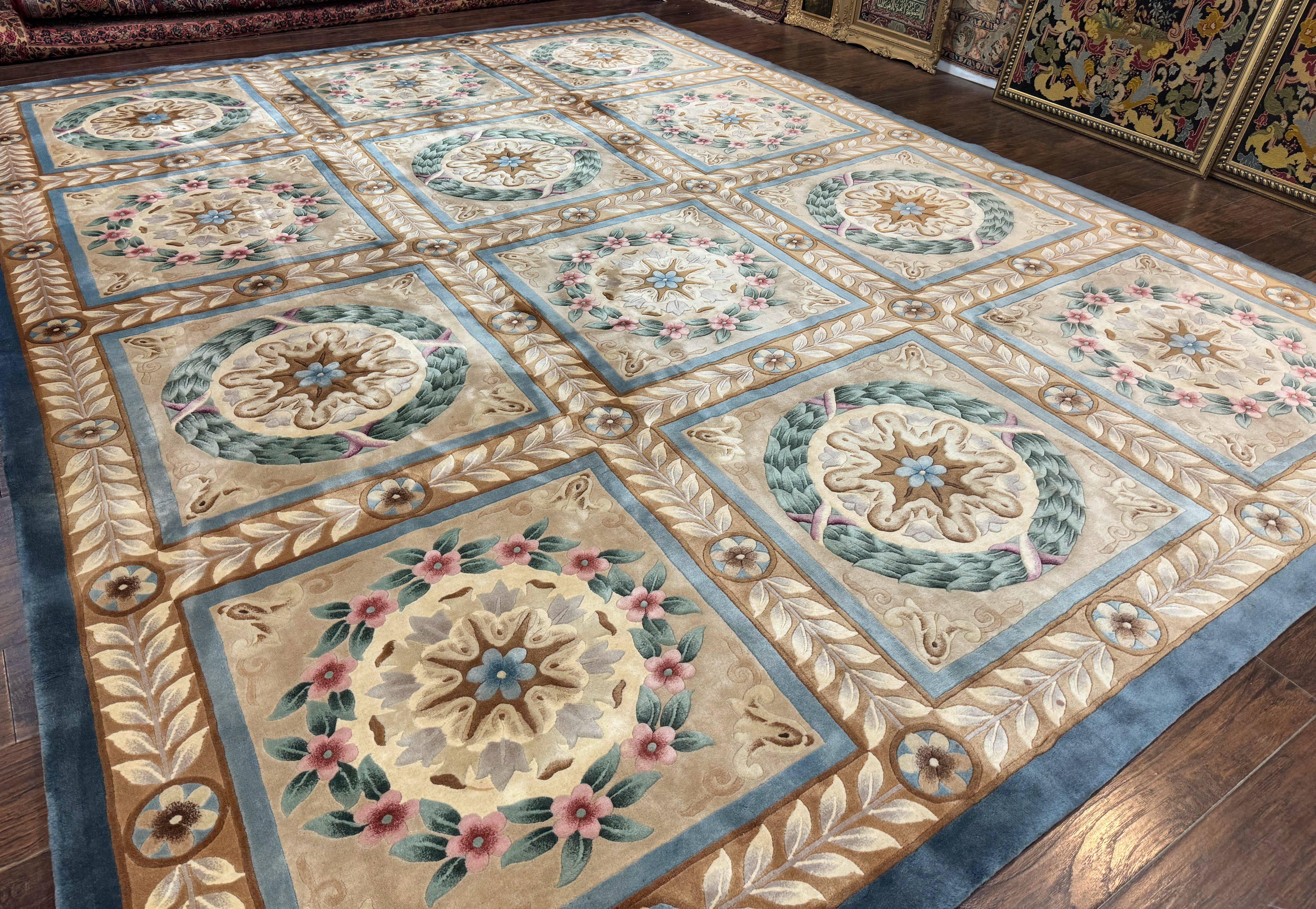 Chinese Aubusson Wool Rug 10x13, European Panel Design, Elegant Carpet, Vintage Handmade Plush Wool Pile Carpet, 90 Line Rug, Tan - Jewel Rugs