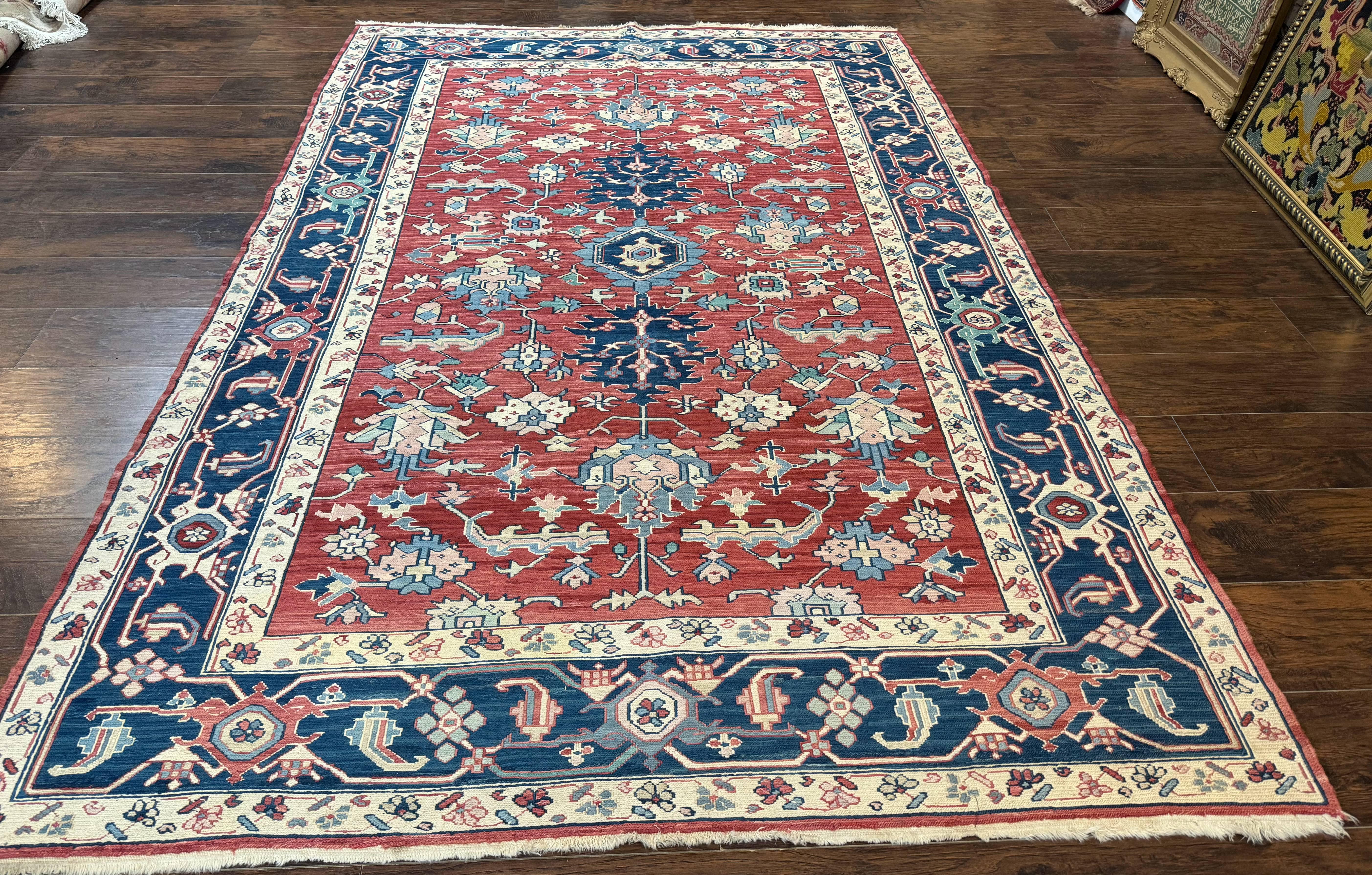 Turkish Flatweave Rug 6x9, Heriz Design, Red and Blue - Jewel Rugs