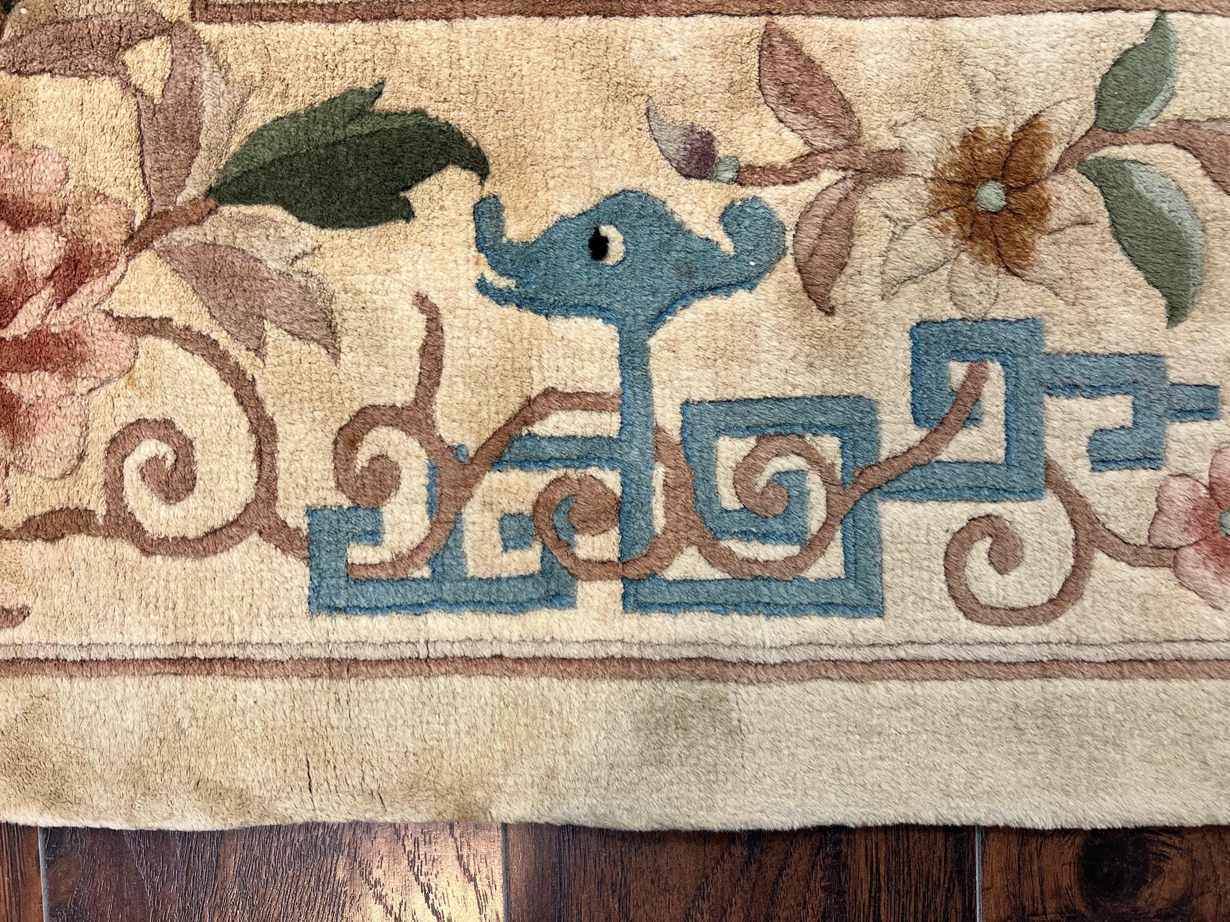 Chinese Wool Rug 8x10 with Phoenix and Dargon, Light Gold and Blue Area Rug, Vintage 1960s Hand Knotted Handmade Asian Art Deco Carpet - Jewel Rugs