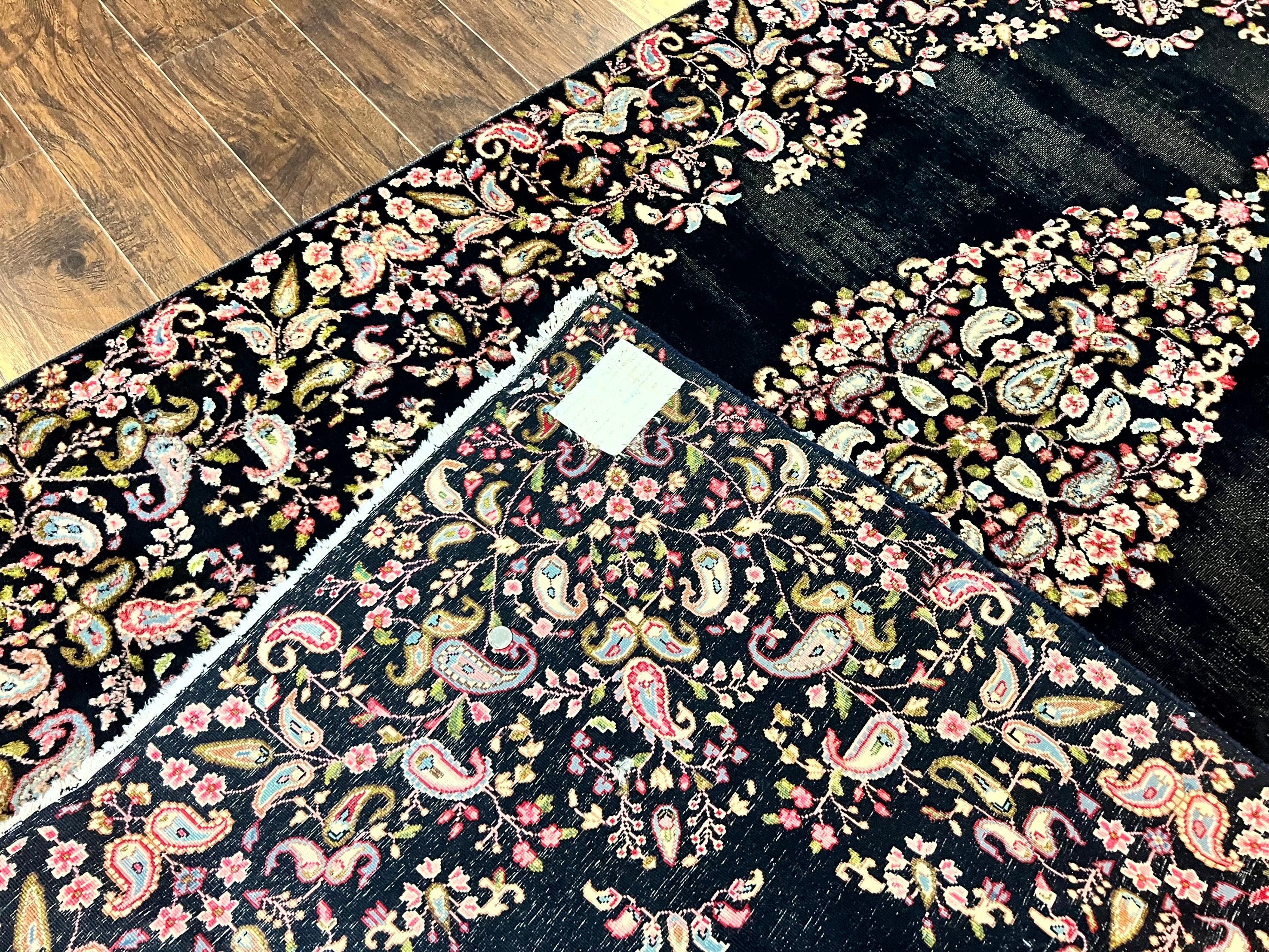 Antique Persian Kirman Rug 5x8, Floral Kirman, Midnight Blue/Black, Semi Open Field, Handmade Vintage Wool Carpet - Jewel Rugs