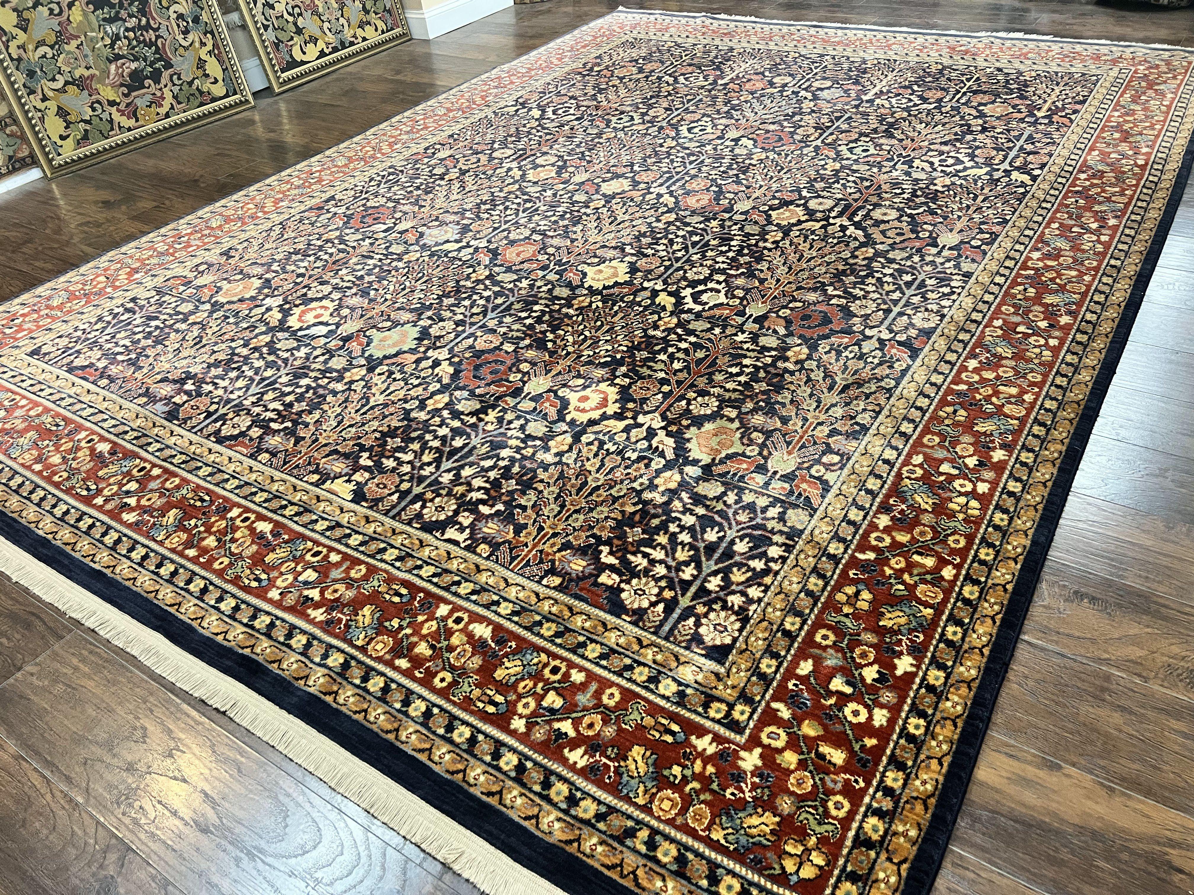 Karastan Rug 9x13, Karastan English Manor Devonshire 2120, Discontinued Wool Pile Karastan Navy Blue Floral Room Sized Area Rug, Bird Motifs - Jewel Rugs