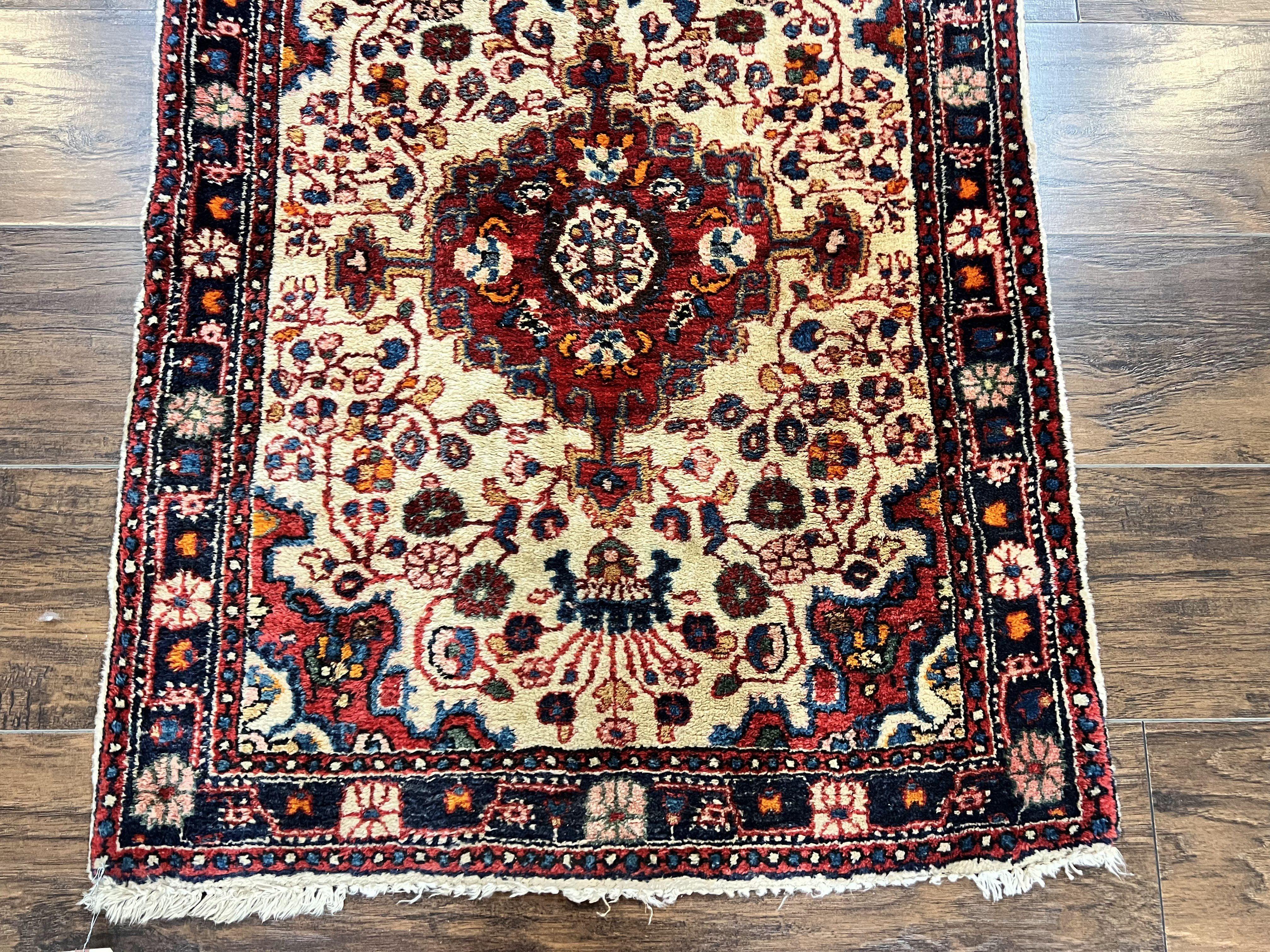 Persian Sarouk Rug 2x3, Antique Wool Hand Knotted Carpet, Cream/Ivory & Red, Small Floral Medallion Rug, Handmade Oriental Carpet - Jewel Rugs