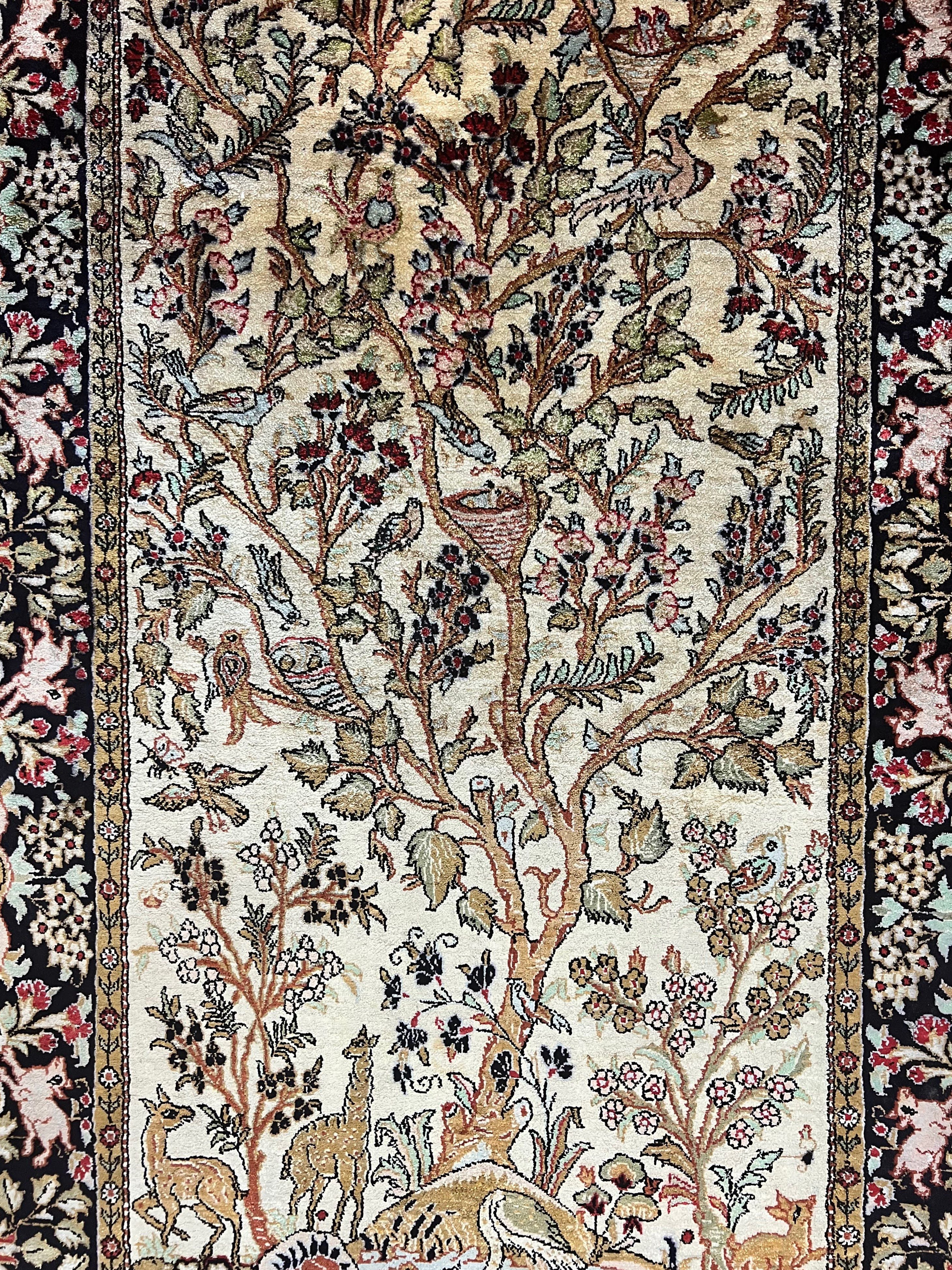 Silk Tree of Life Persian Qum Rug 3x4, Hand Knotted Vintage Carpet, Cream & Black, Very Fine Oriental Rug, Animal Pictorials, Birds - Jewel Rugs