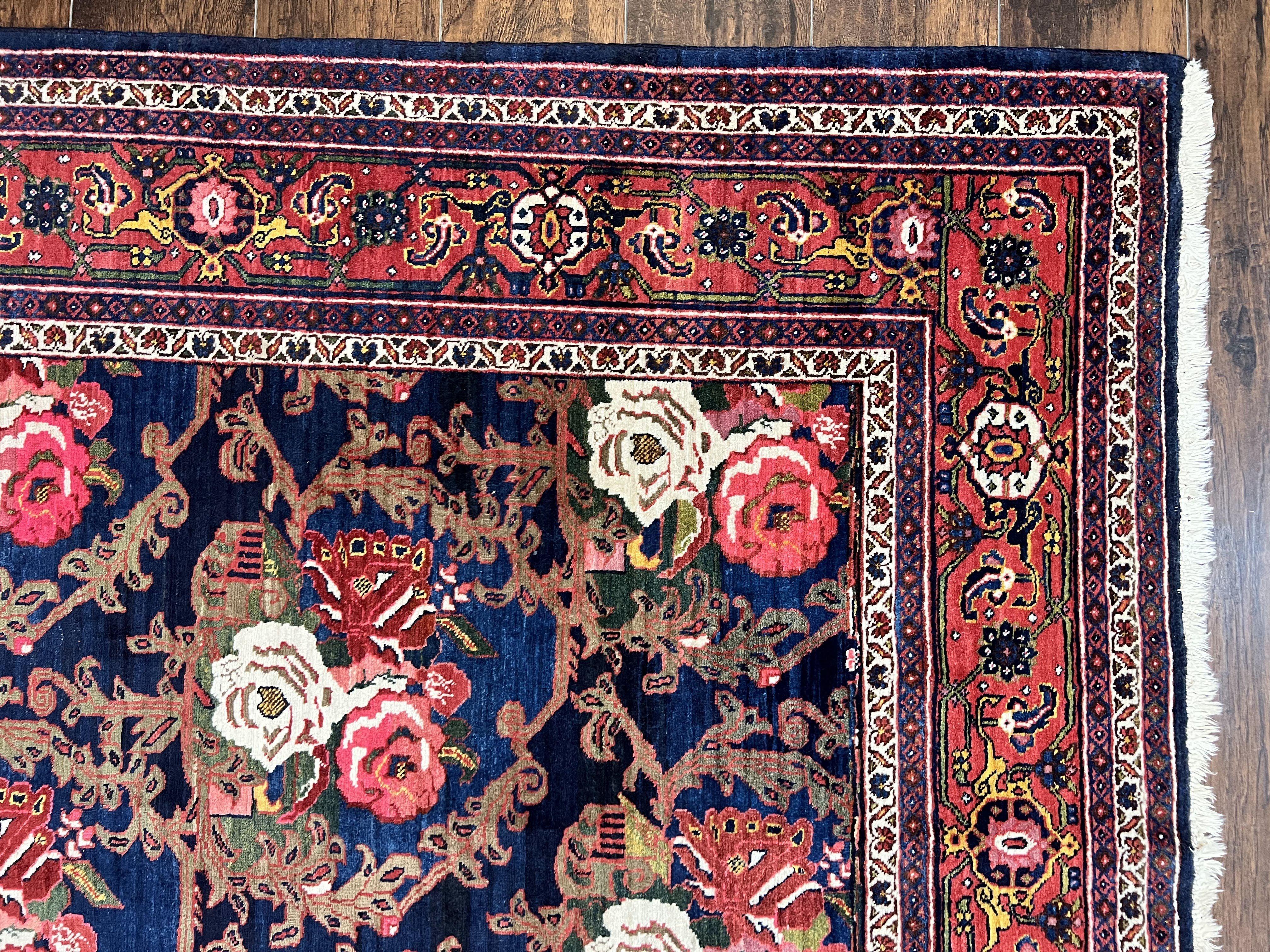 Persian Bidjar Rug 8x11, Floral Bouquets, Blue Black Red Pink, Handmade Hand Knotted Vintage Semi Antique Oriental Carpet - Jewel Rugs