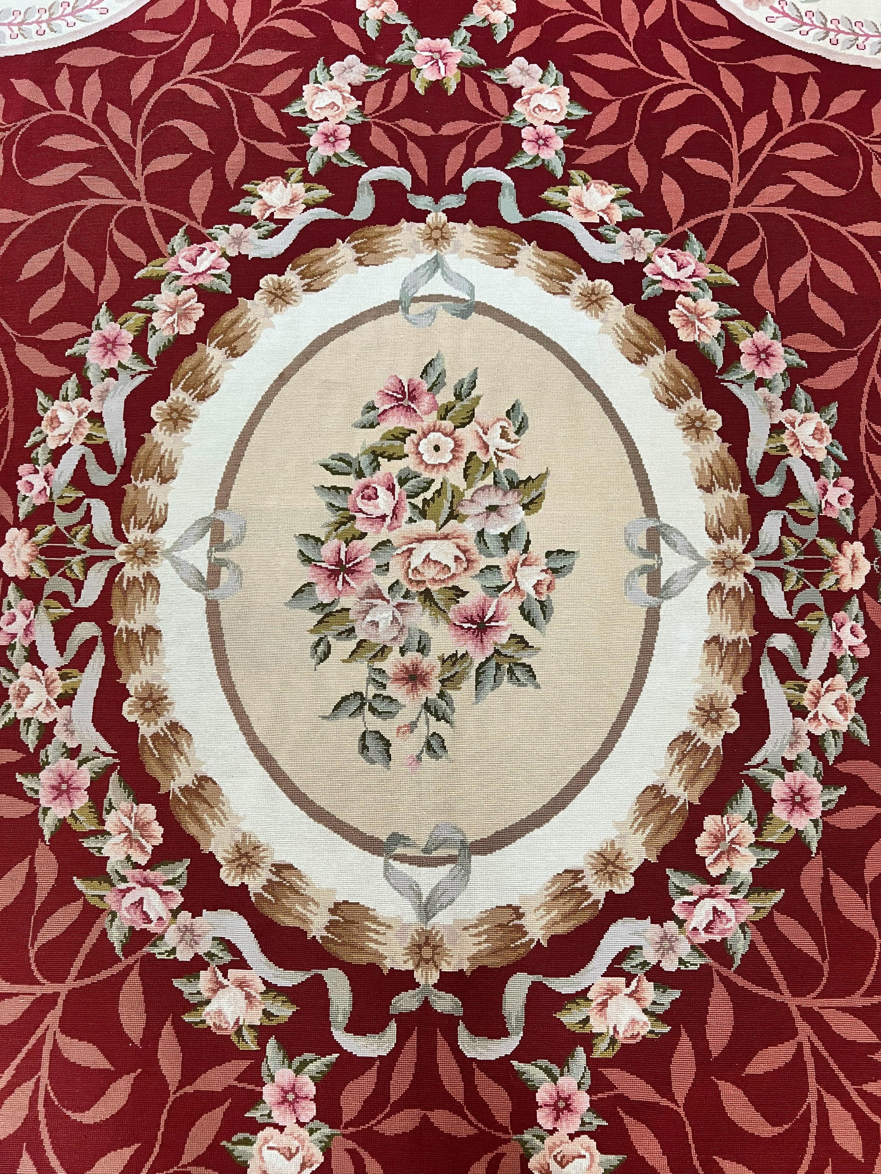 Wonderful Aubusson Rug 9x12, Handmade Vintage Needlepoint Carpet, Red and Ivory, Elegant European Design, Wool - Jewel Rugs