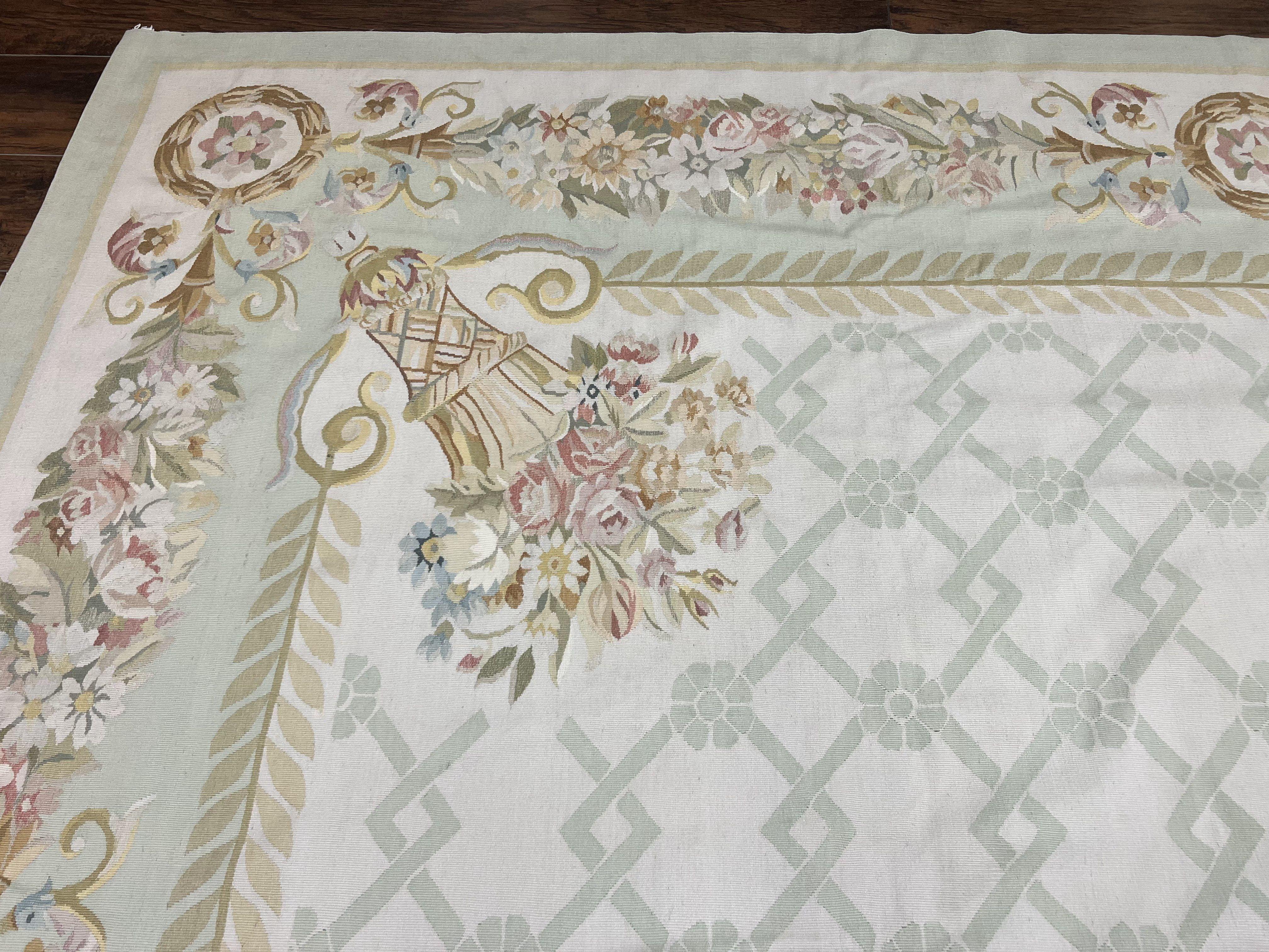 10x14 Aubusson Rug, Wool Handmade Vintage Carpet, French European Design, Elegant - Jewel Rugs