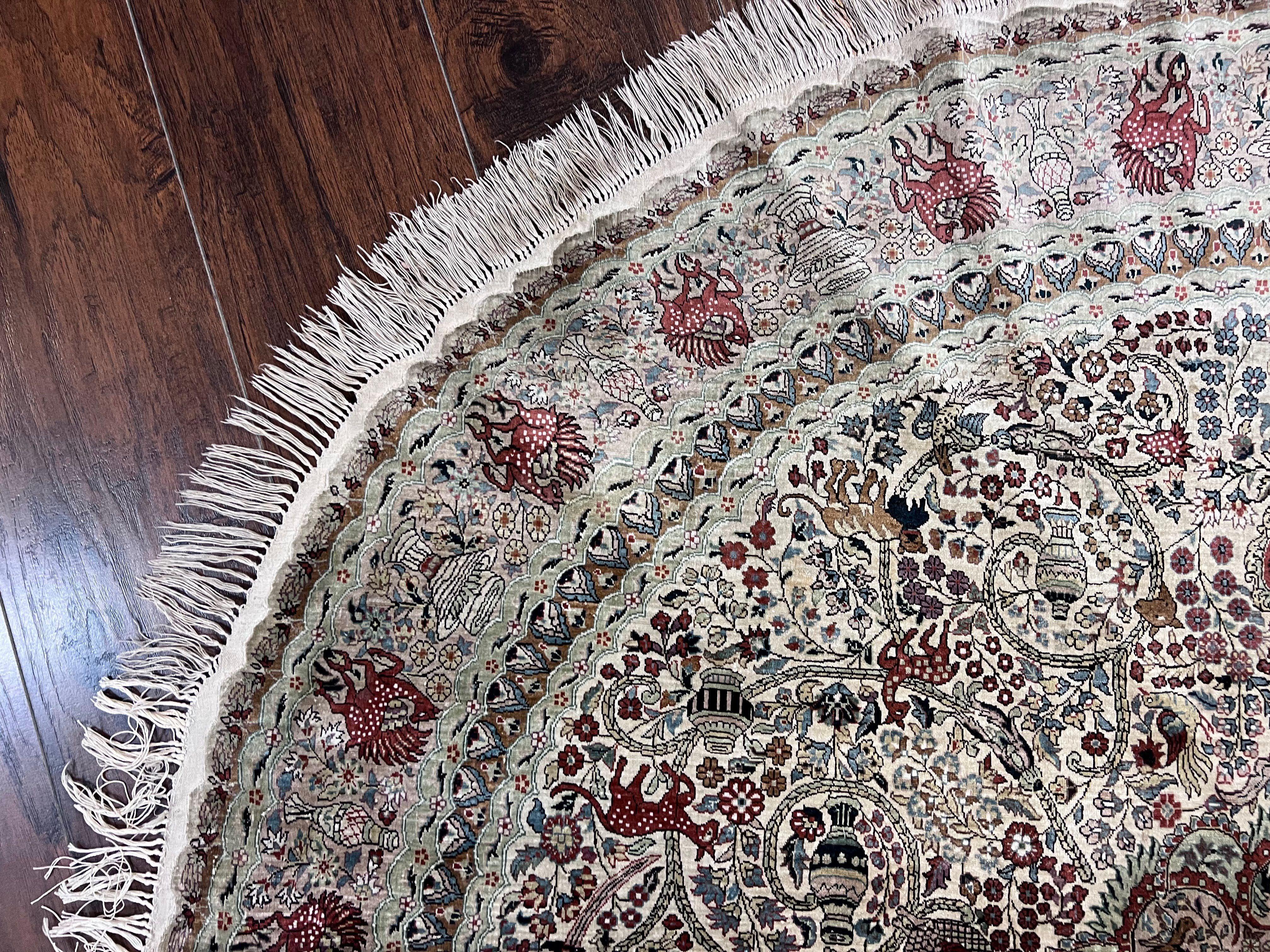 Silk Round Sino Persian Rug 5x5, Super Fine 650 KPSI, All Silk Vintage Handmade Round Carpet, Animal Pictorials, Floral Medallion Cream, Wow - Jewel Rugs