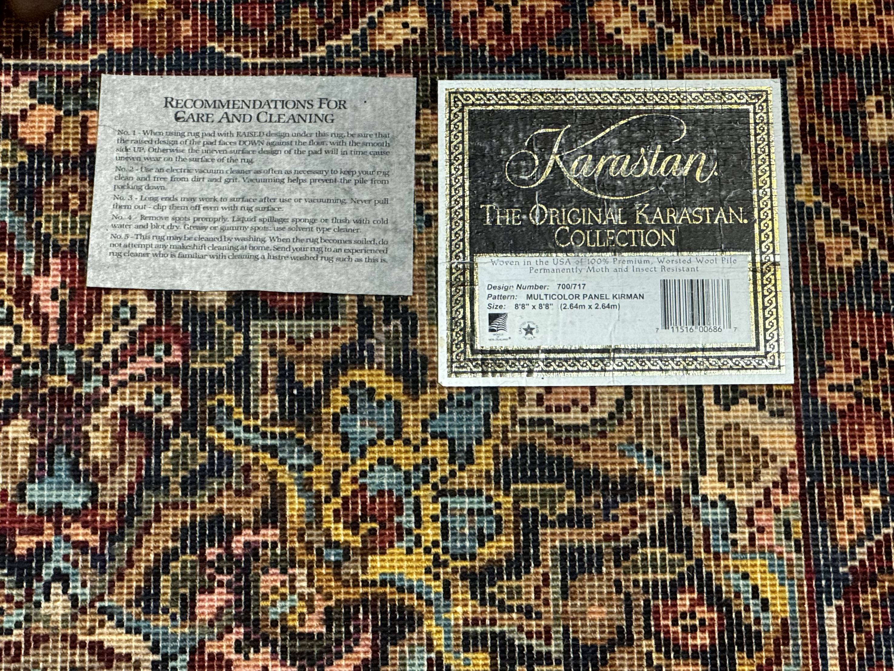 Square Karastan Multicolor Panel Kirman Rug #717, Rare Size 8.8 x 8.8, Original 700 Series, Wool - Jewel Rugs
