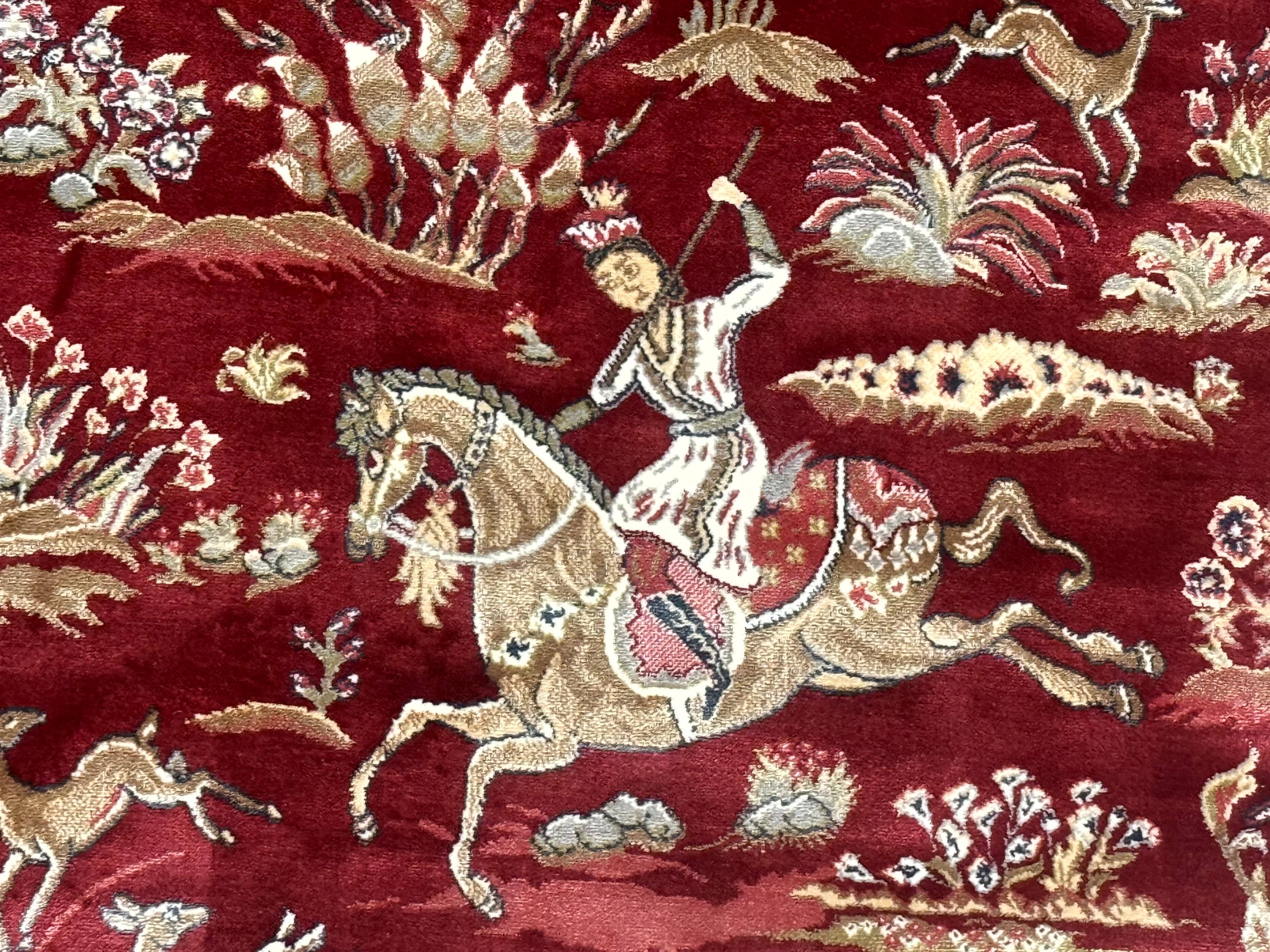Turkish Silk Hunting Design Rug 4x6, Dark Red & Ivory, Bamboo Silk, New - Jewel Rugs