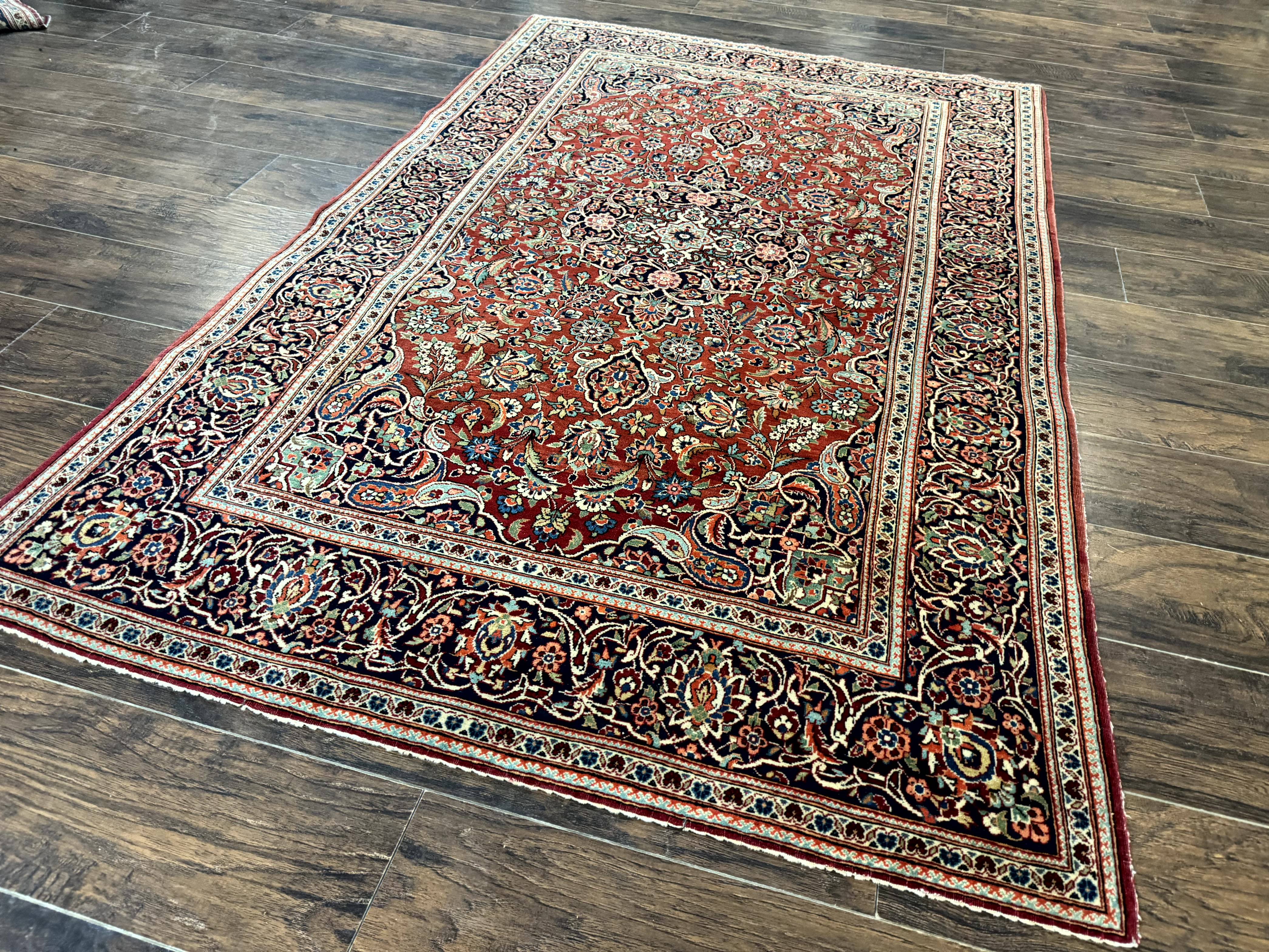 Persian Kashan Rug 4x7, Red and Navy Blue, Floral Antique Carpet - Jewel Rugs
