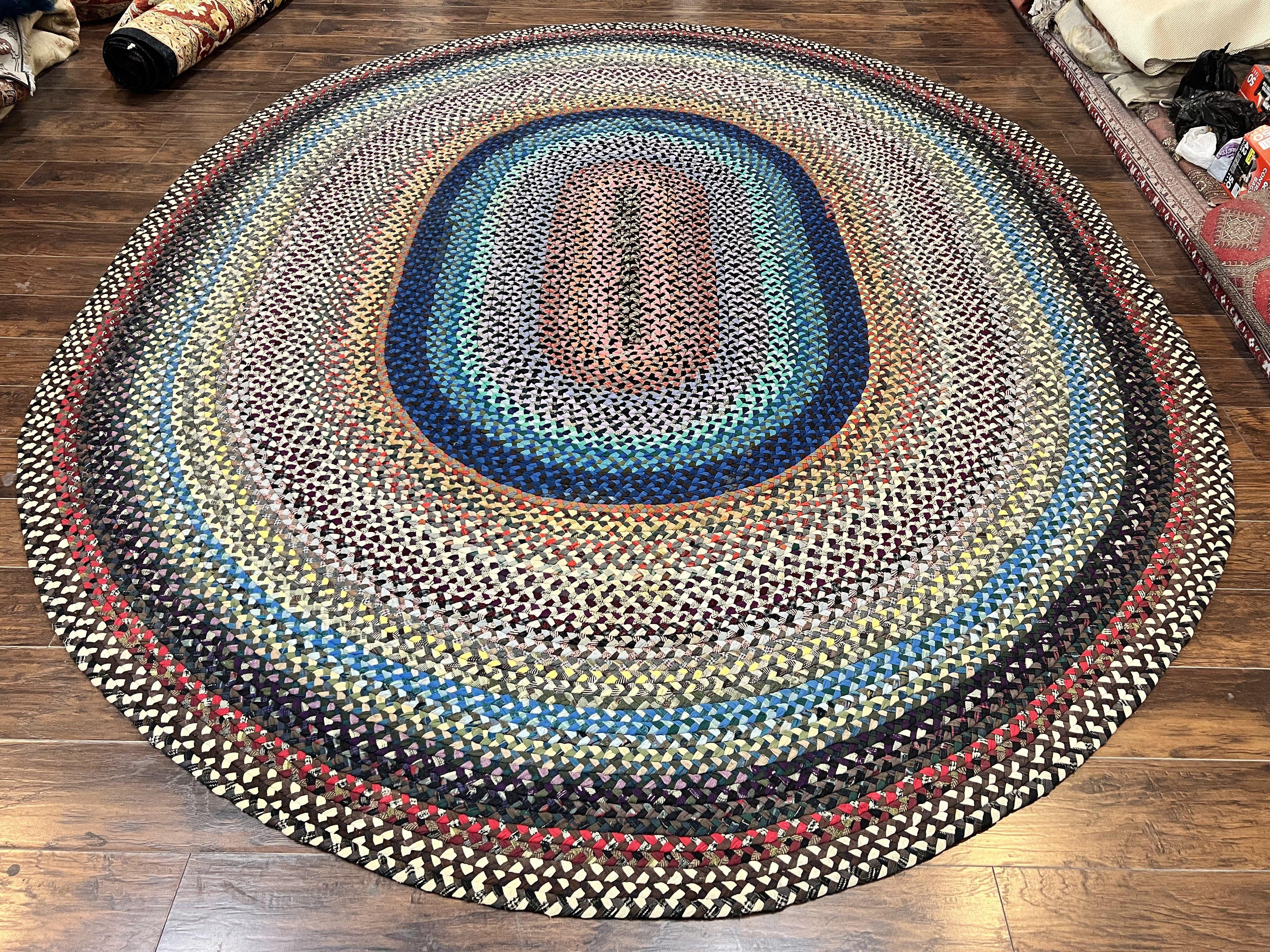 Large American Braided Rug 10x13, Colorful Wool Hand Braided Vintage Mid Century Braided Carpet, Large Multicolor Oval Braided Rug 10 x 13 - Jewel Rugs