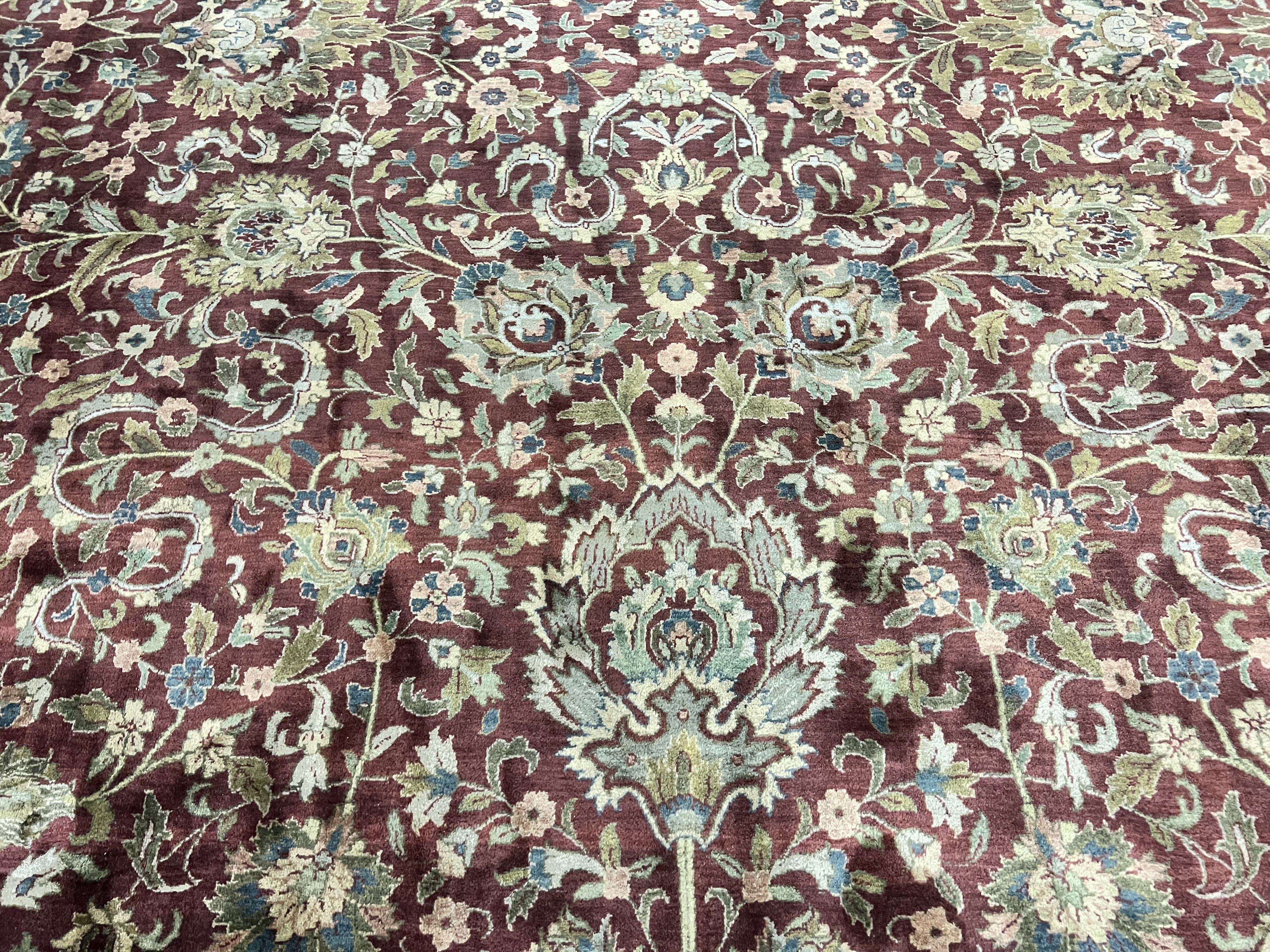 Indian Agra Rug 12x15, Oversized Extra Large Wool Hand Knotted Vintage Oriental Carpet, Burgundy & Olive Green, Floral Allover Rug 12 x 15 - Jewel Rugs