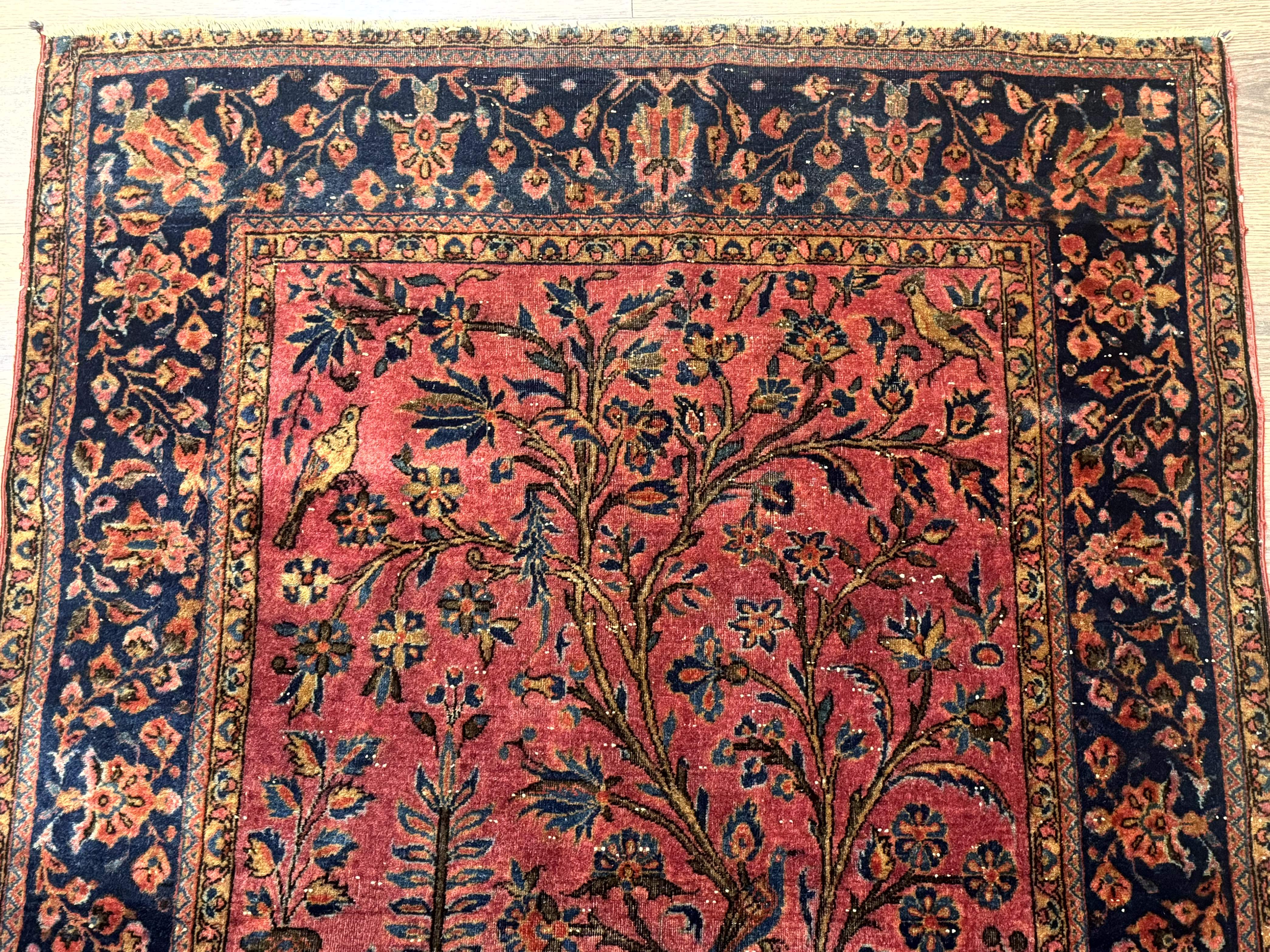 Antique Persian Tree of Life Rug 3x5, Manchester Wool, Bird Pictorials, Fine 240 KPSI, Red Navy Blue - Jewel Rugs