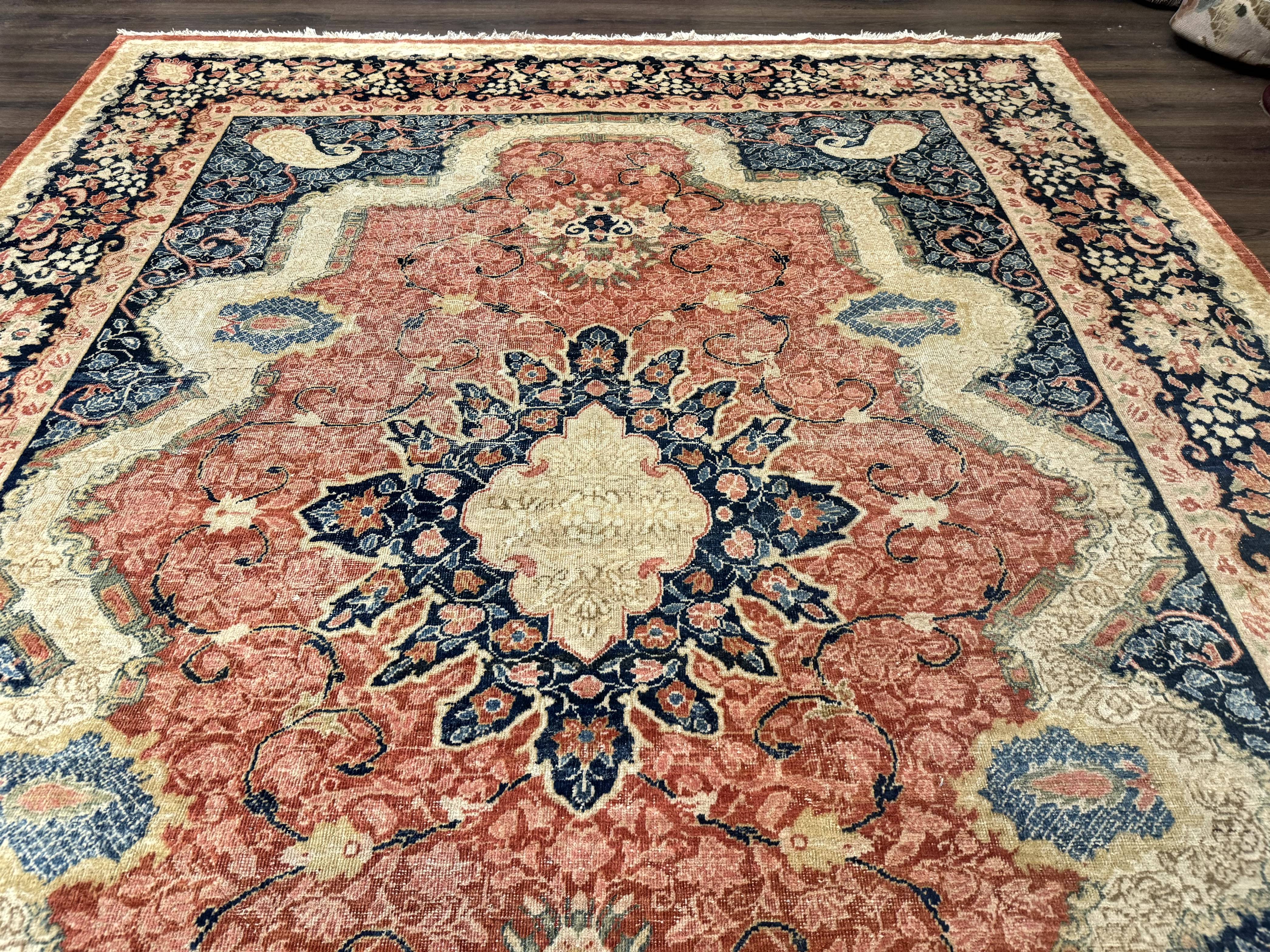 Antique Persian Sarouk Rug 9x12, Boteh Paisleys, Light Red Navy Blue - Jewel Rugs