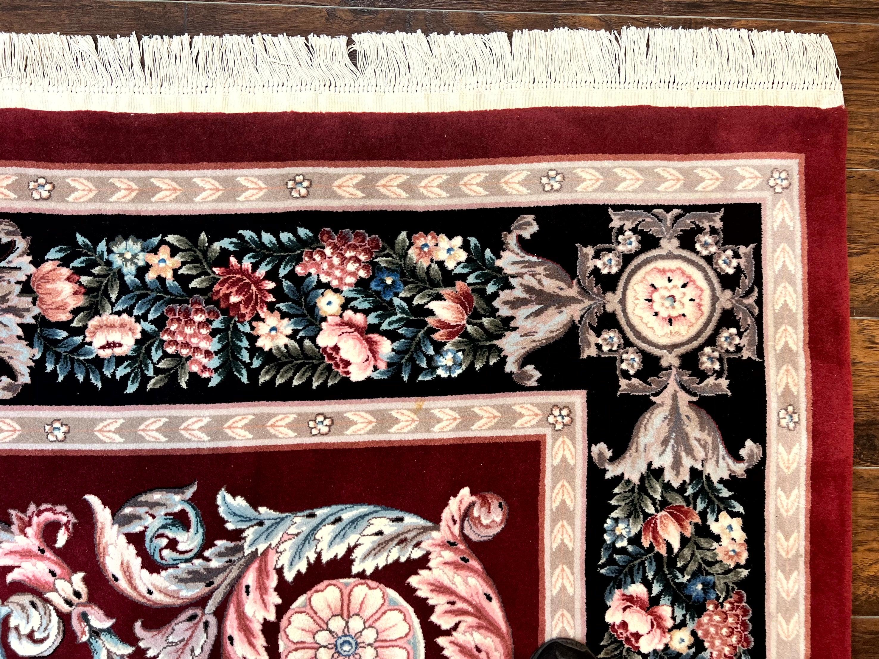 Chinese Aubusson Rug 9x12, Burgundy, Handmade Vintage Wool Carpet, Fine 210 KPSI, Elegant European Design - Jewel Rugs