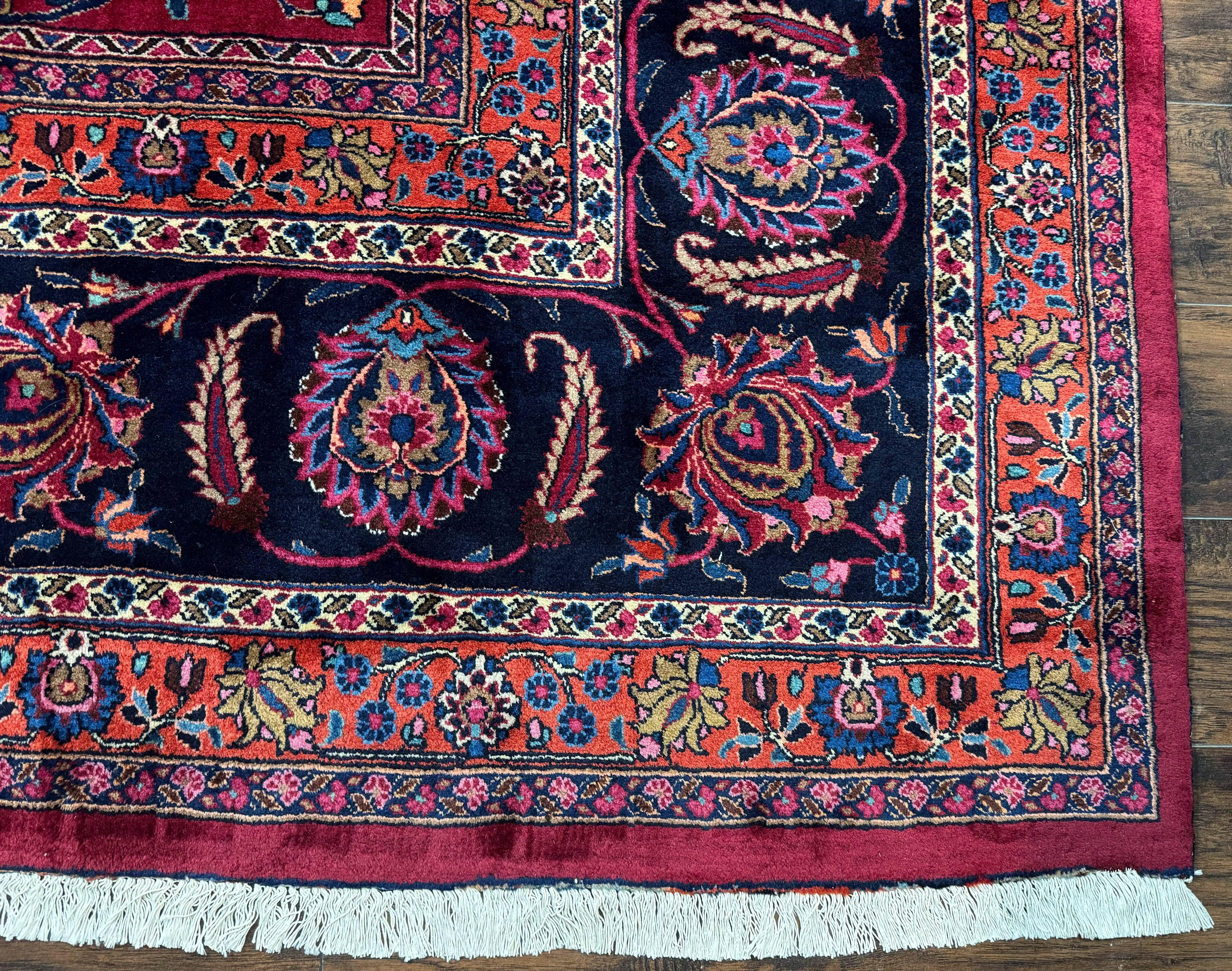 Palace Size Persian Mashad Rug 12x16, Raspberry and Navy Blue, Signature from Master Weaver, Antique Handmade Large Wool Carpet - Jewel Rugs