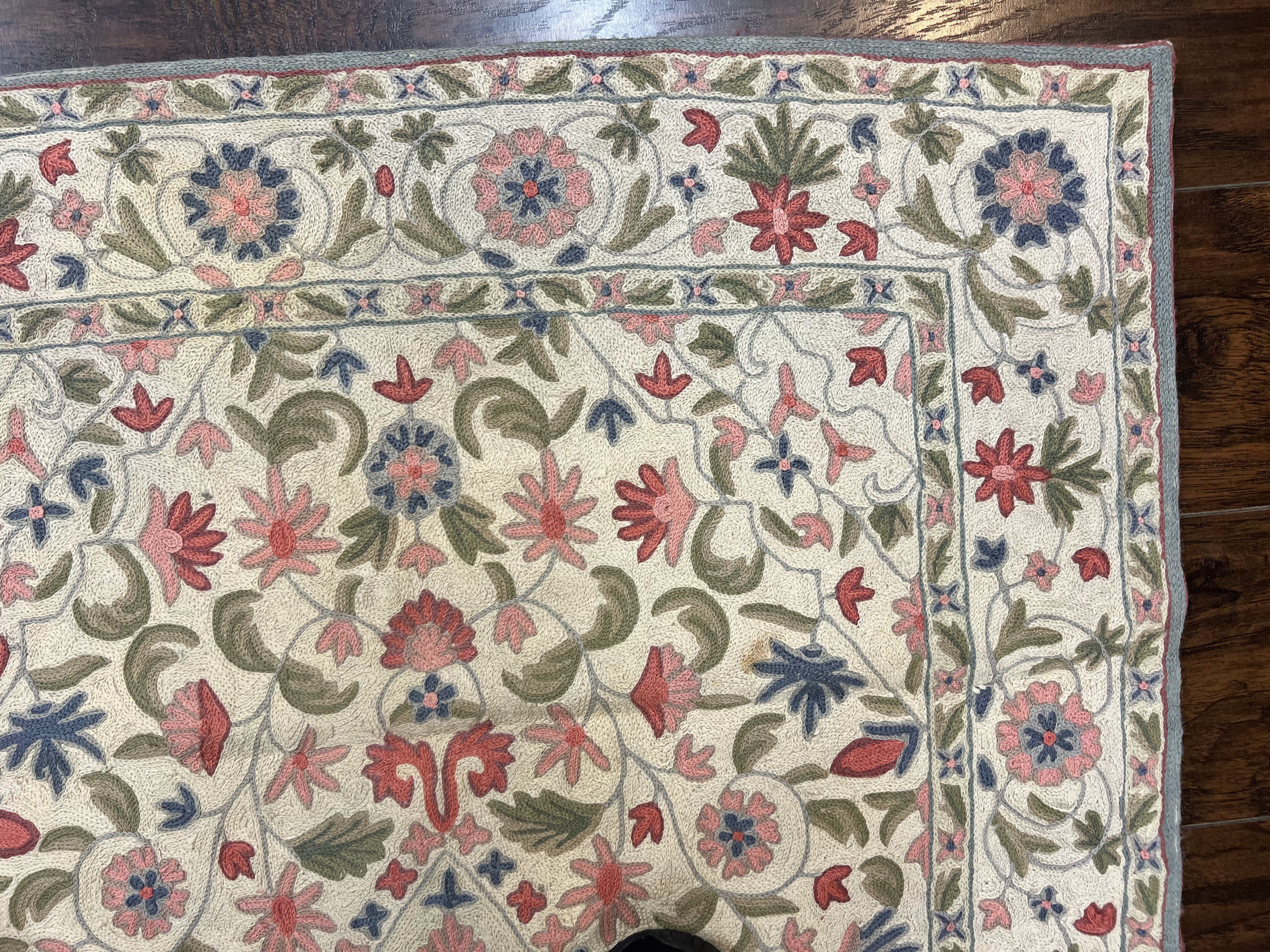 Hand Stitched Indian Rug 4x5, Floral, Vintage Hand Embroidered Rug - Jewel Rugs