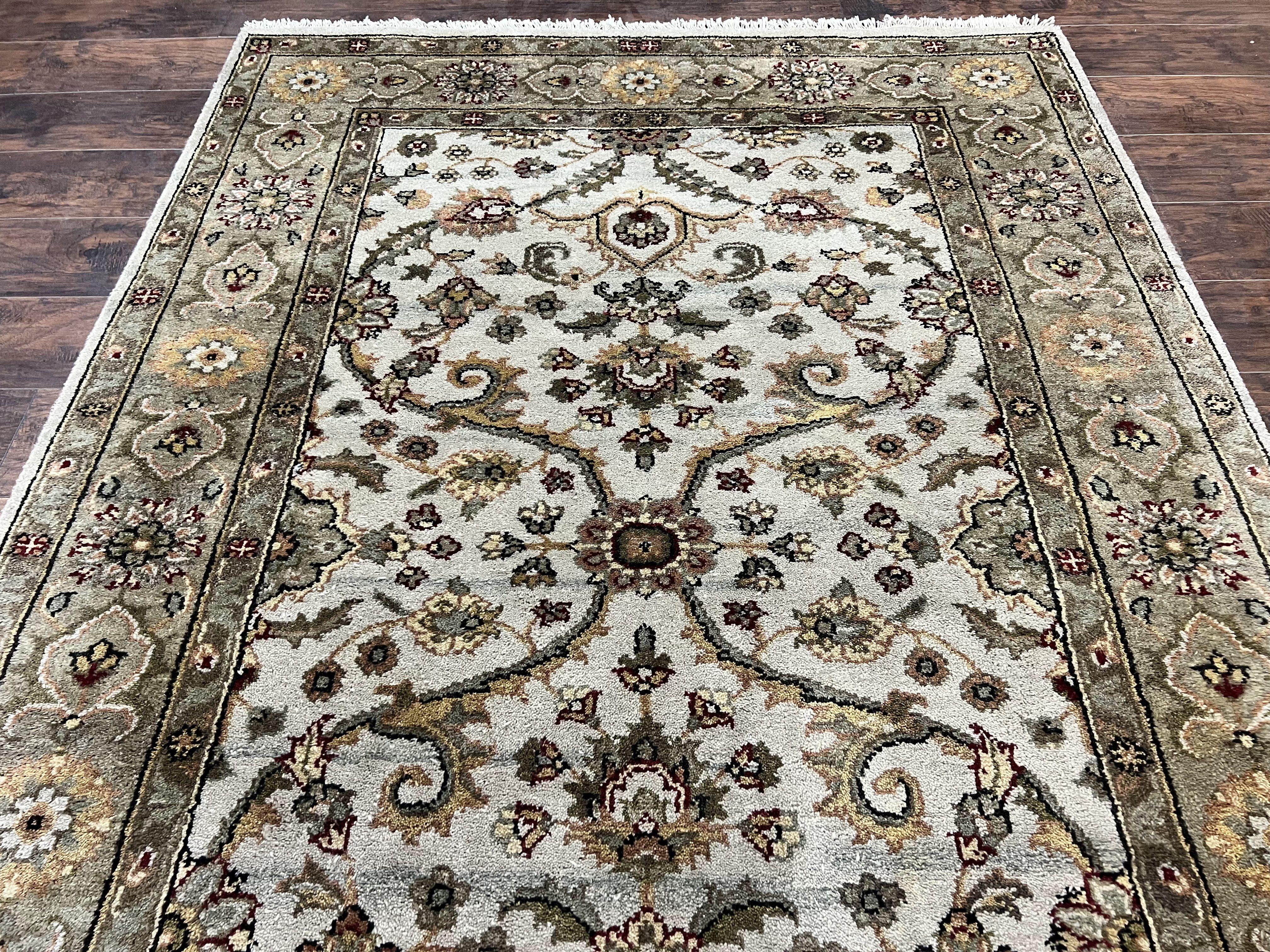 Indo Persian Rug 5.6 x 8, Wool Hand Knotted Vintage Carpet, Beige Indian Mahal Traditional Oriental Rug, Allover Floral, Tea Wash Rug - Jewel Rugs
