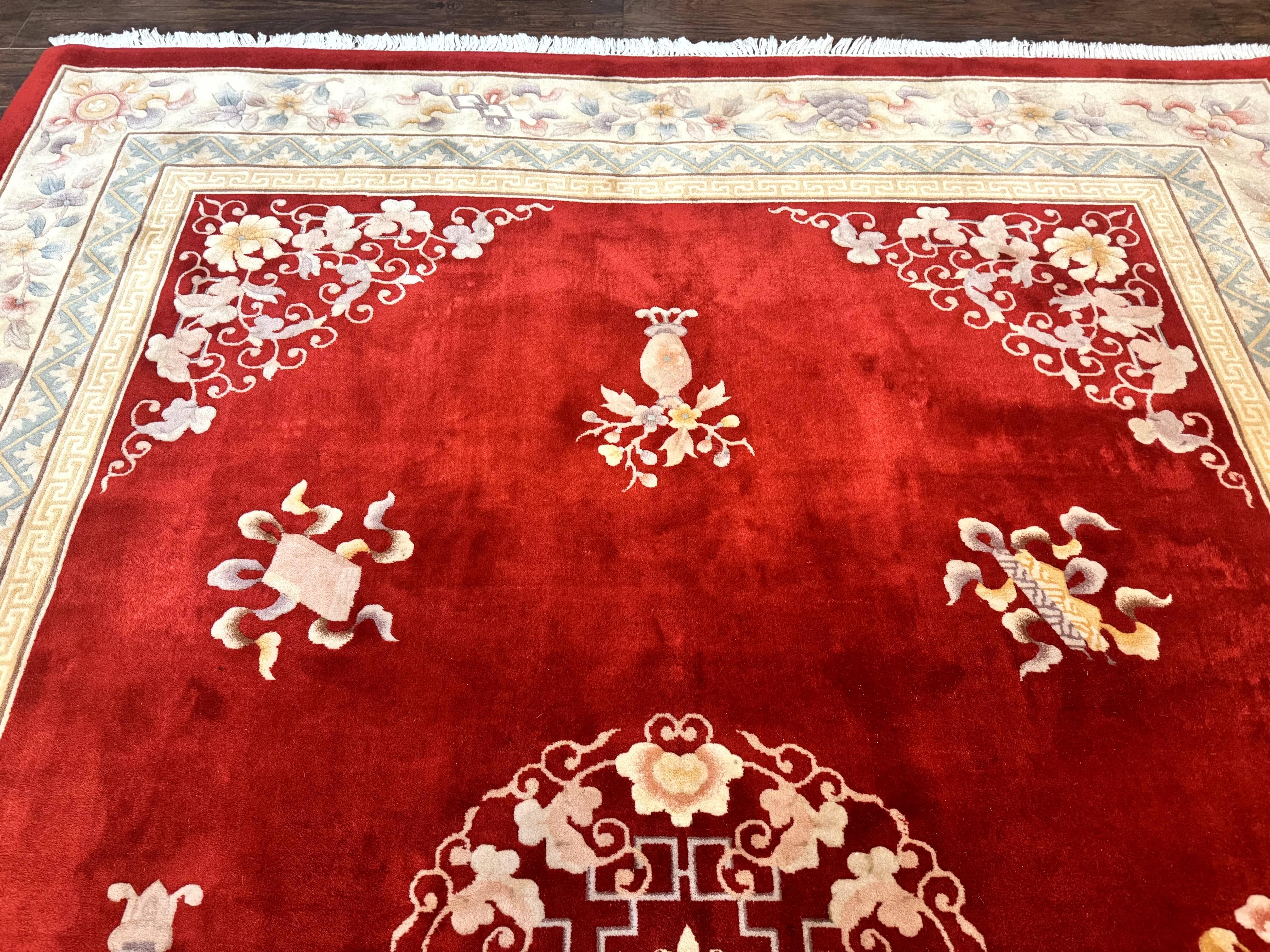 Chinese Wool Rug 8.6 x 11, Red and Beige Asian Oriental Carpet, Plush Pile, Vintage Handmade Chinese Carving Sculpted Rug, Semi Open Field - Jewel Rugs