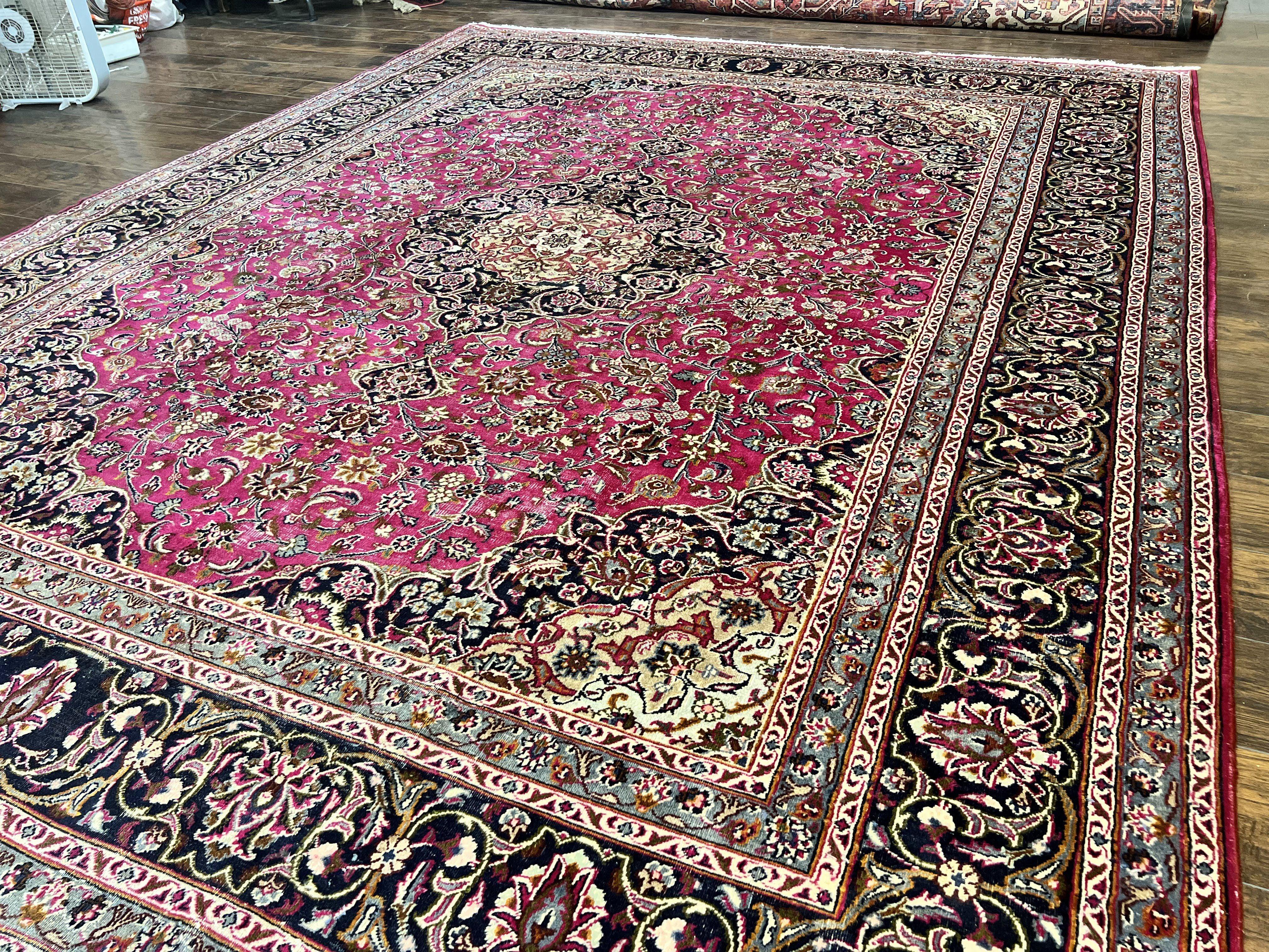 Persian Rug 10x13, Wool Hand Knotted Antique Kashmar Carpet, Raspberry Red & Navy Blue, Floral Medallion, Traditional Oriental Rug 10 x 13 - Jewel Rugs
