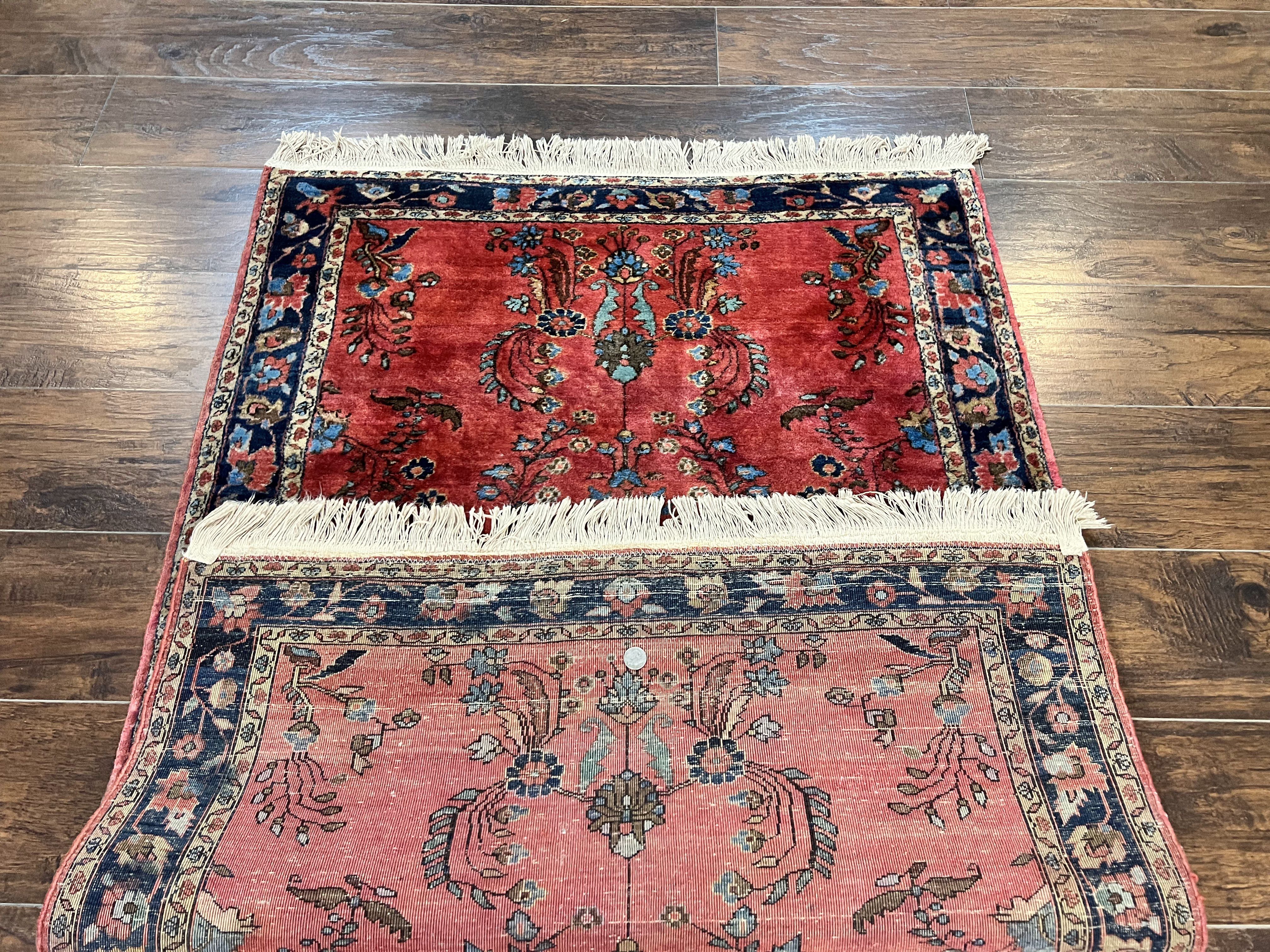Persian Sarouk Rug 3x5, Antique Persian Carpet, Red and Navy Blue, Hand Knotted Handmade Floral Wool 1920s Fine Oriental Rug - Jewel Rugs