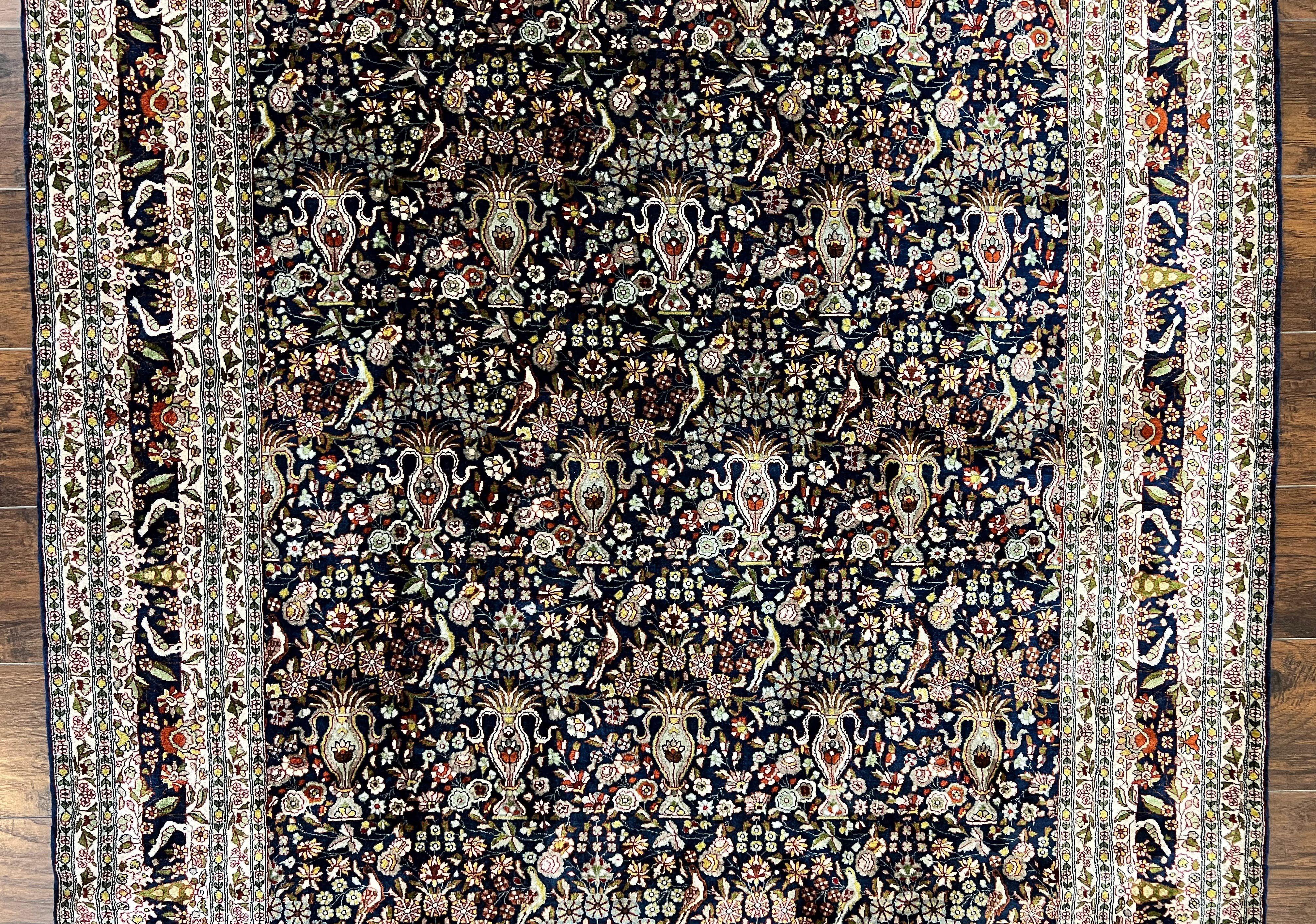 Silk Indian Kashmiri Rug 5x7, Navy Blue Indo Persian Silk Carpet 5 x 7 ft, Hand Knotted Handmade Very Fine Oriental Carpet, 450 KPSI, Birds - Jewel Rugs