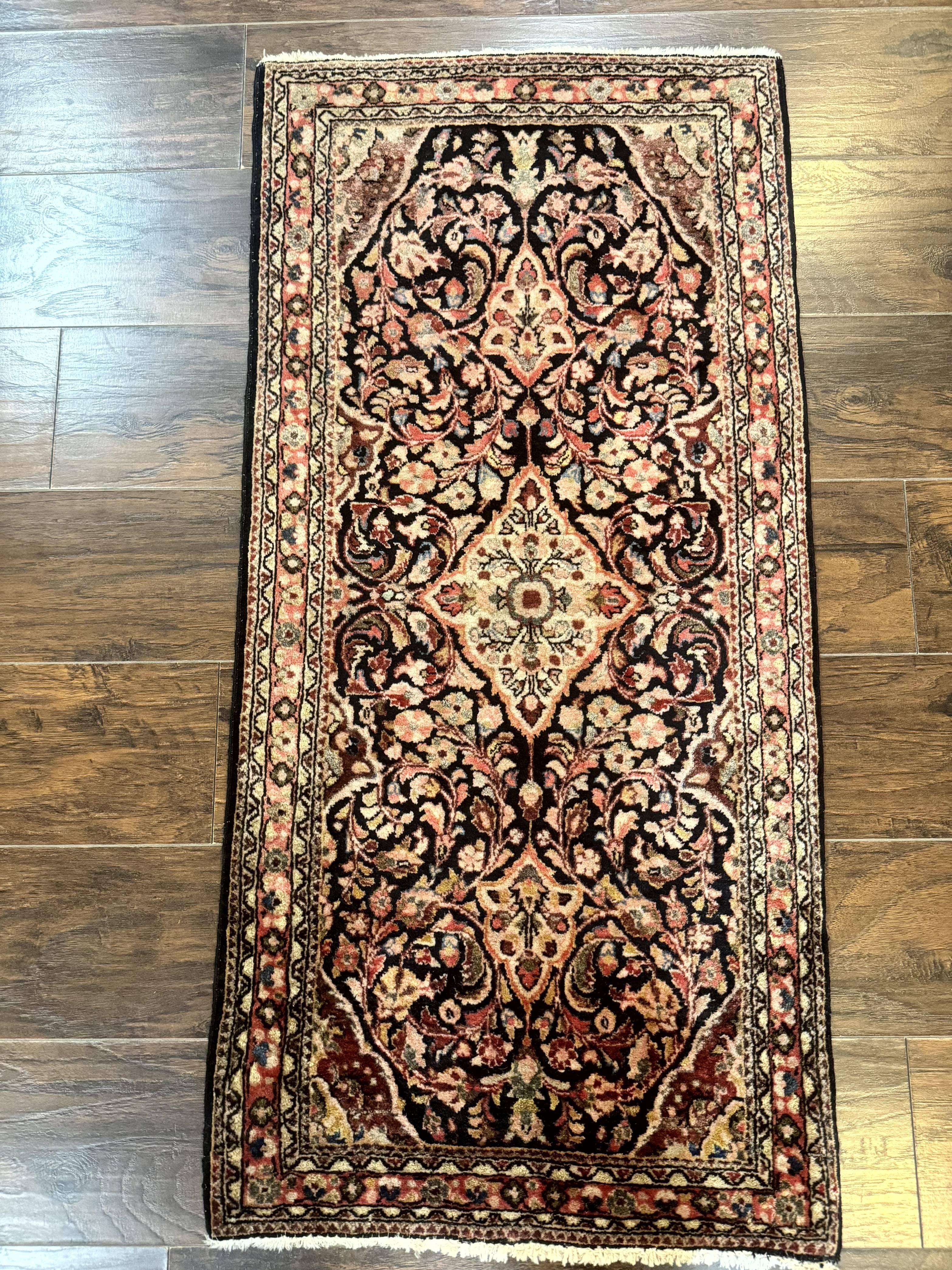 Antique Navy Blue Persian Sarouk Rug 2x4, Floral, Handmade Carpet, Small Persian Rug, Wool Hand Knotted - Jewel Rugs