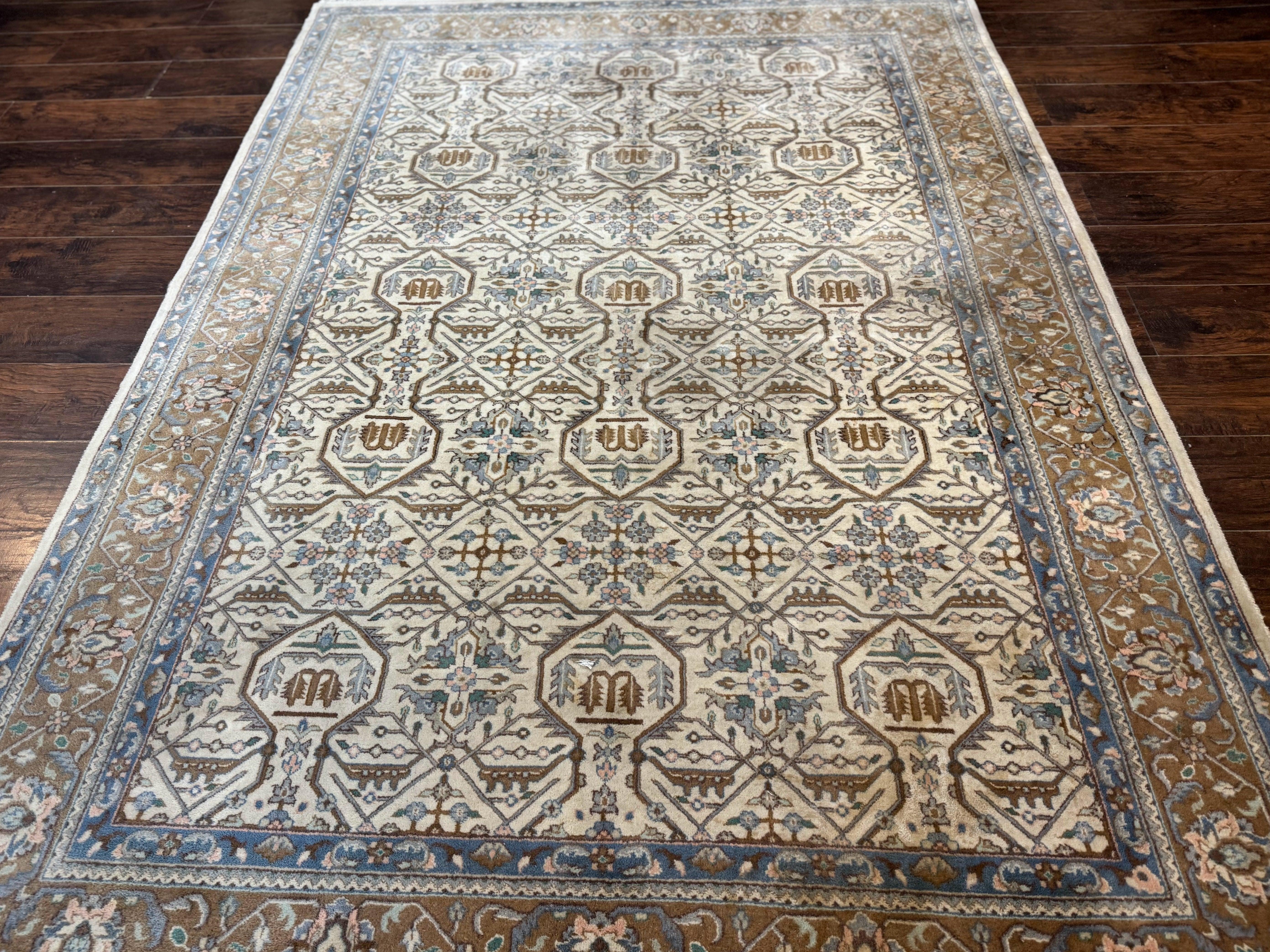 Indo Persian Rug 6x9, Beige, Allover Pattern, Vintage Wool Oriental Carpet - Jewel Rugs
