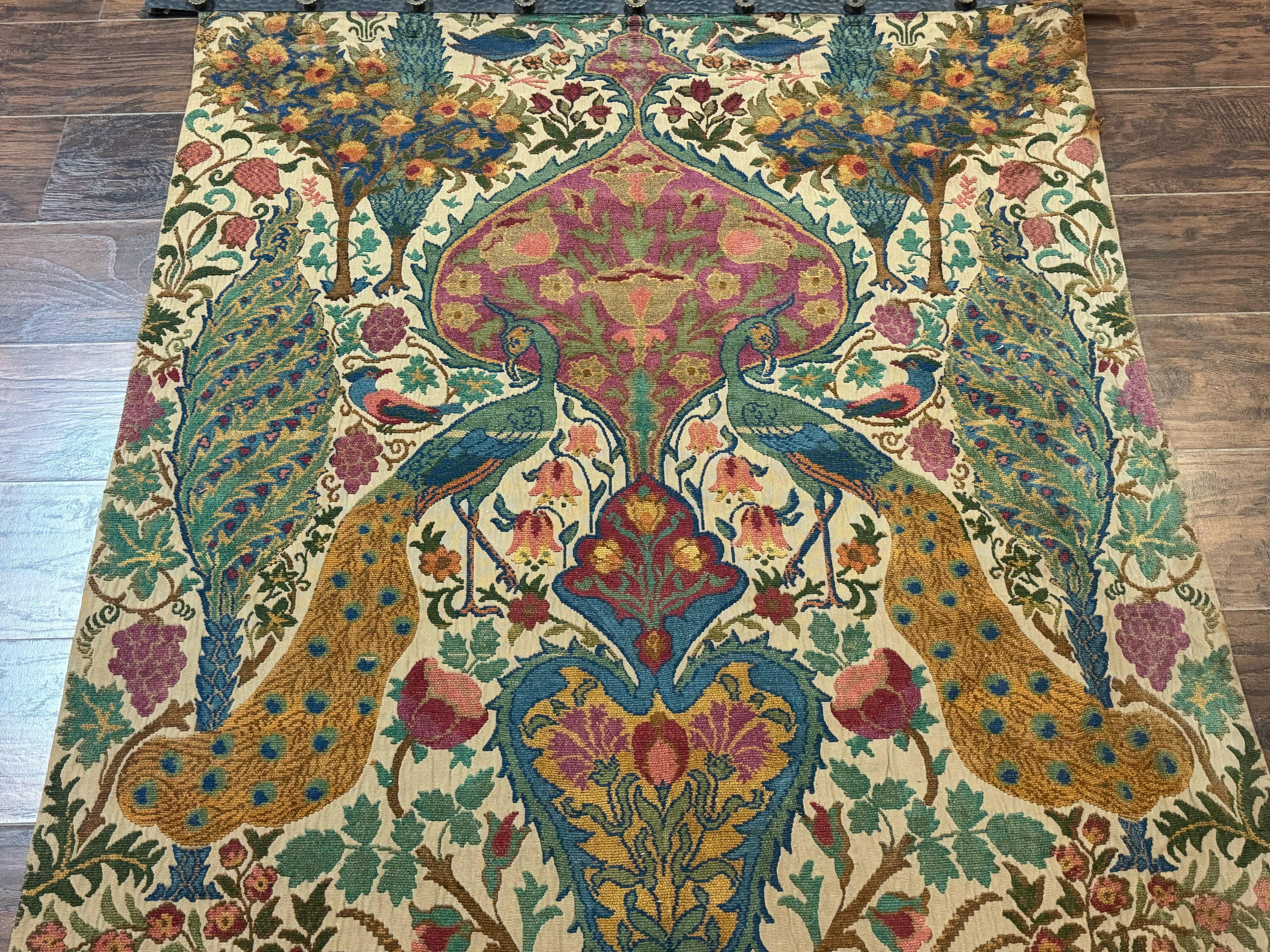 Vintage European Tapestry Wall Hanging 4x6, Peacocks, Deer Birds - Jewel Rugs