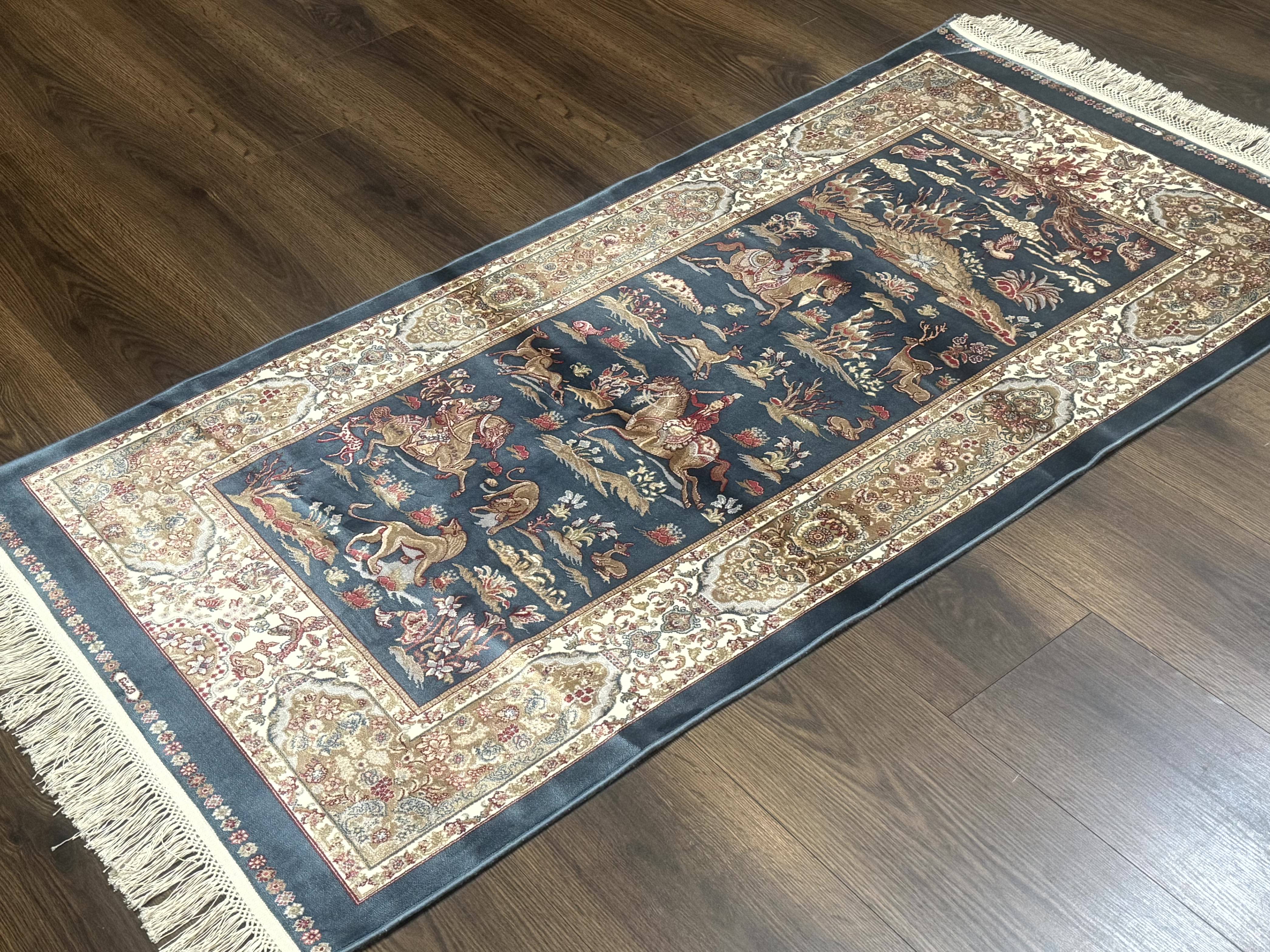 Turkish Silk Hunting Scene Rug 2.6 x 5, Dark Steel Blue & Ivory, Bamboo Silk, New - Jewel Rugs