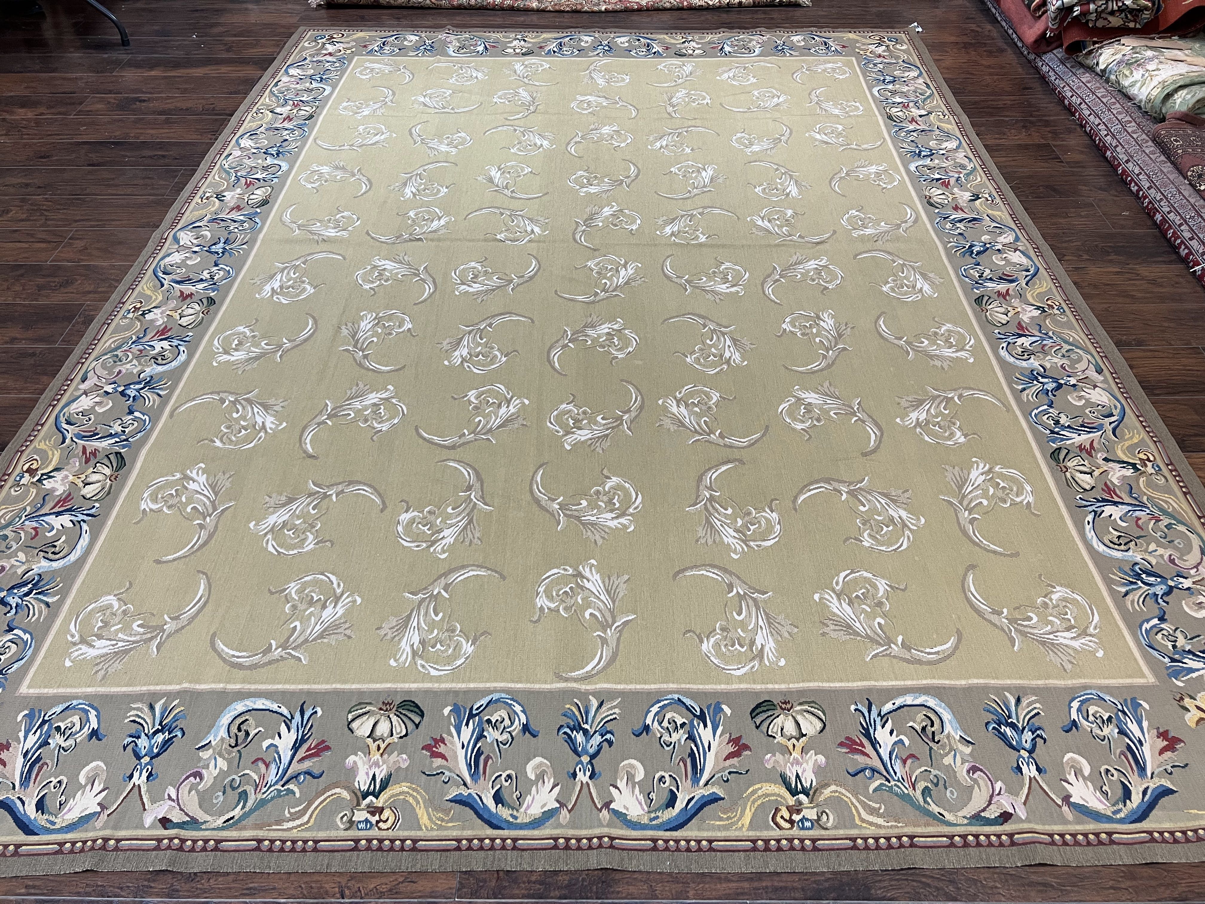 Vintage Aubusson Flatweave Area Rug 9x12, Aubusson Weave, Wool, Beige, Handmade, French European Design, 8'9" x 11'9" - Jewel Rugs