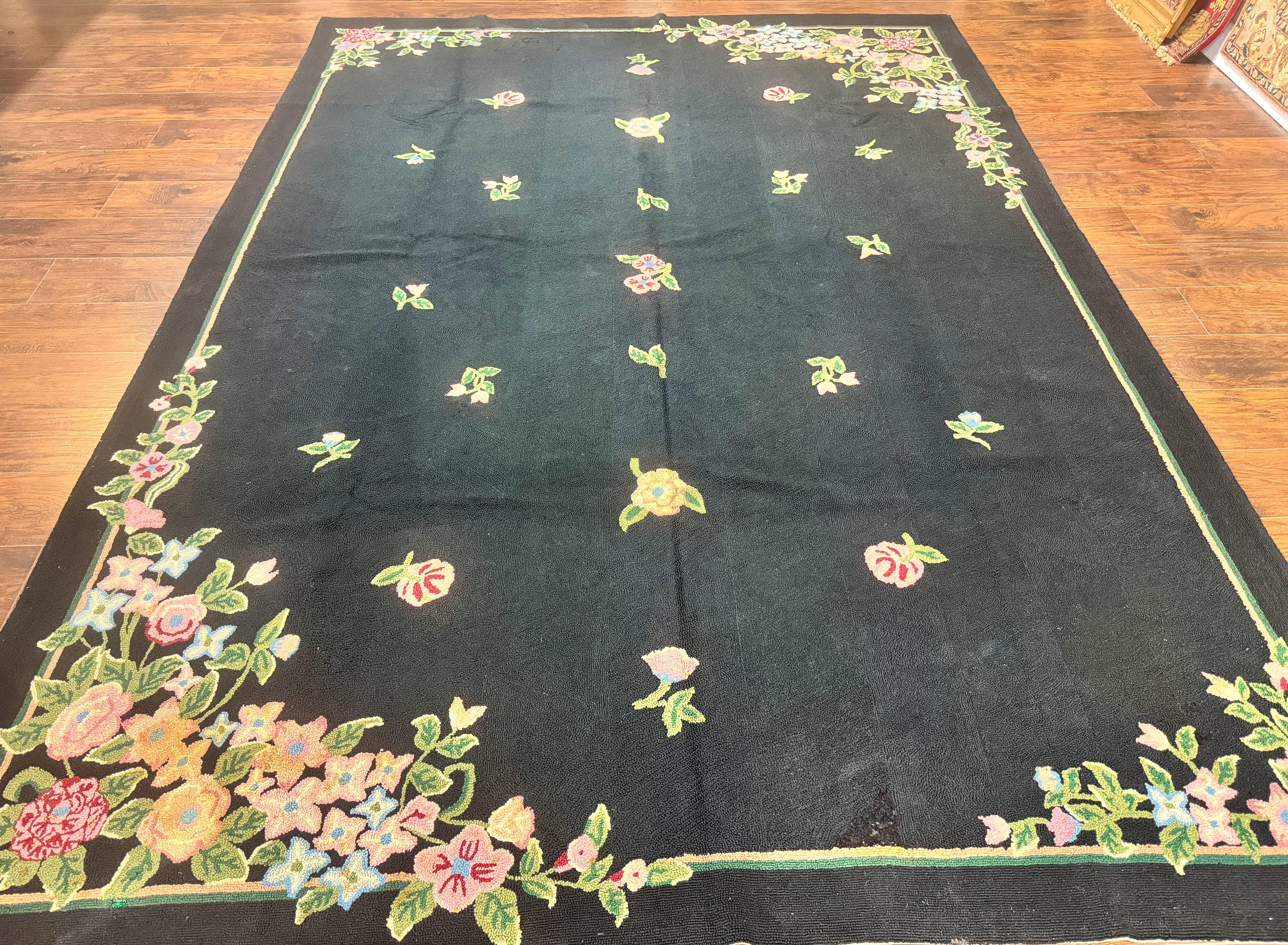 Vintage Hand Hooked Rug 8x11, Black, Handmade Floral Carpet - Jewel Rugs
