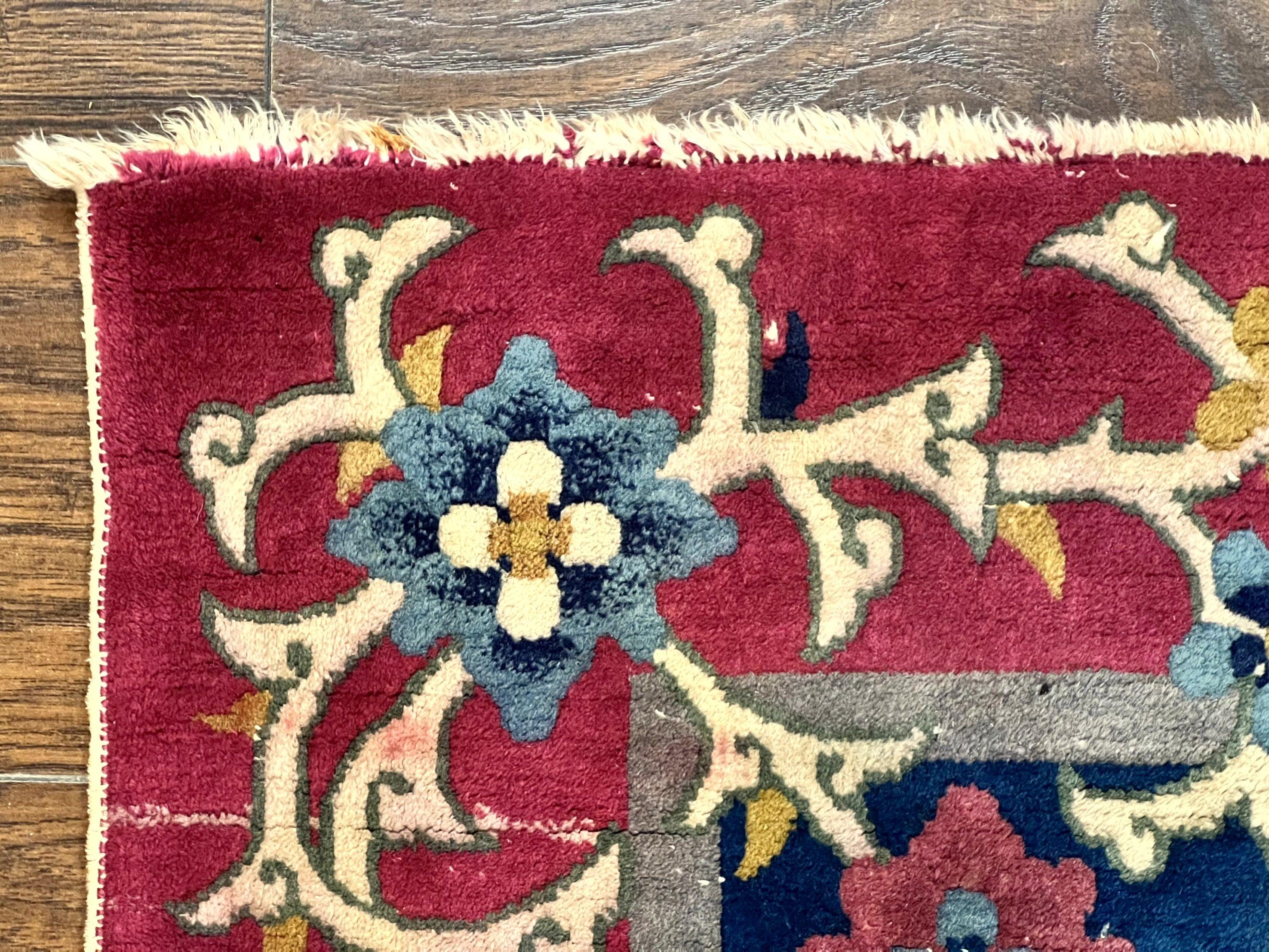 Antique Chinese Art Deco Rug, Animal Pictorials, Navy Blue and Magenta, Chinese Nichols Carpet, Wool - Jewel Rugs