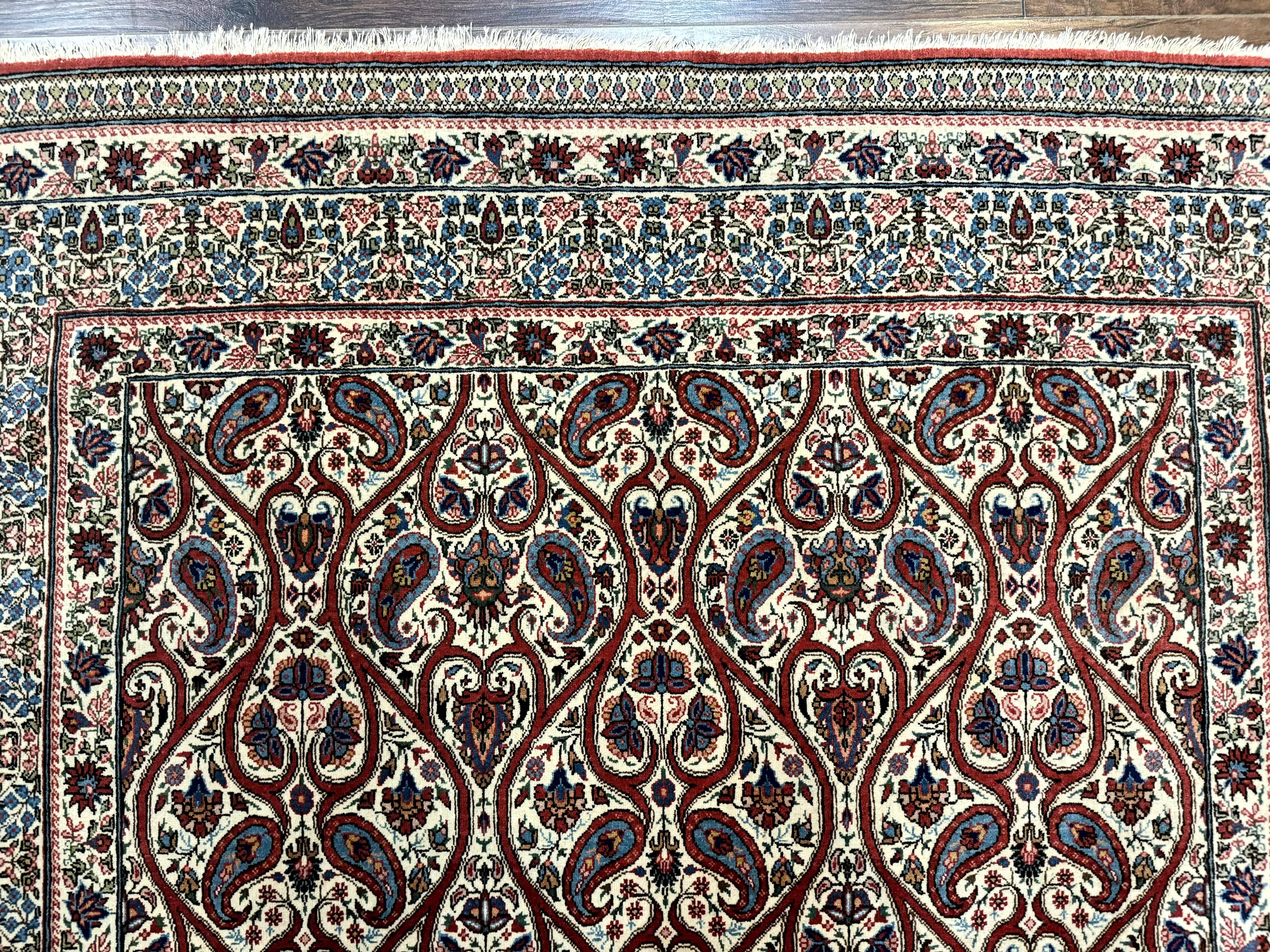 Unique Persian Qum Rug 5x7, Repeated Paisely Boteh Design, Ivory Red Blue, Handmade Antique Wool Persian Carpet, Finely Hand Knotted - Jewel Rugs