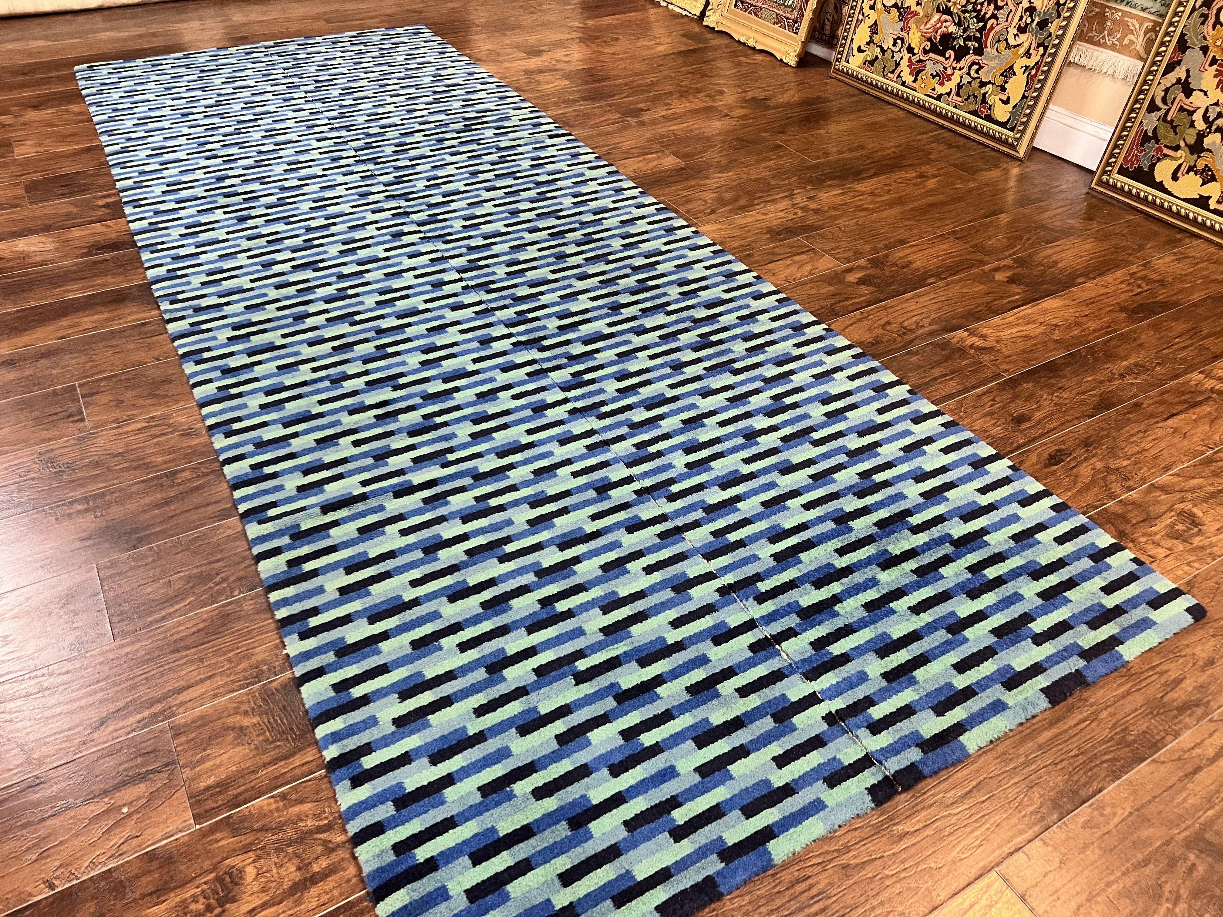 Wide Runner Rug 4.7 x 12, Blue Multicolor Contemporary Wool Power Loomed Rug, Mosiac Design - Jewel Rugs