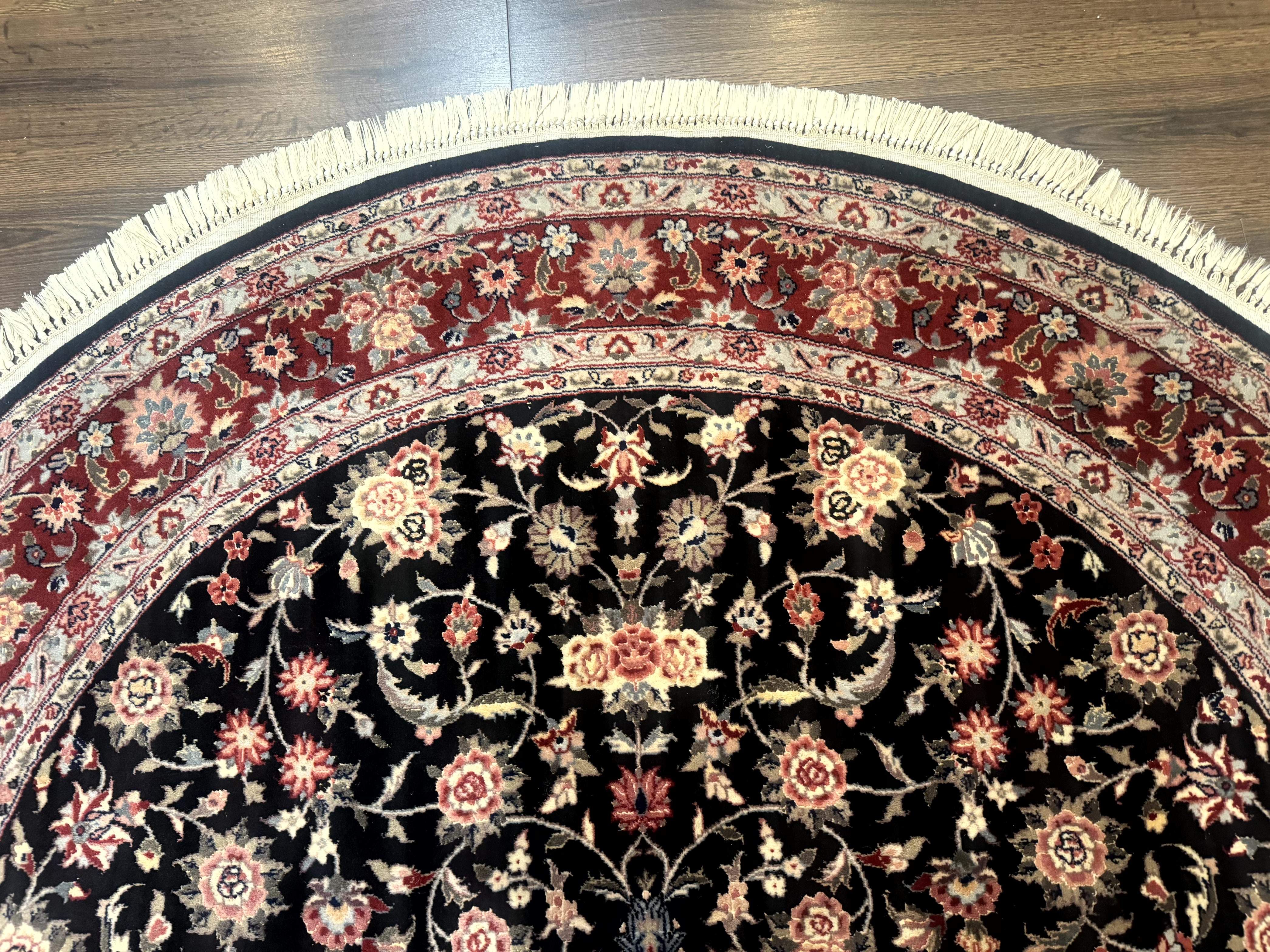 Round Sino Persian Rug 6x6, Floral, Navy Blue and Red, Wool and Silk Highlights - Jewel Rugs