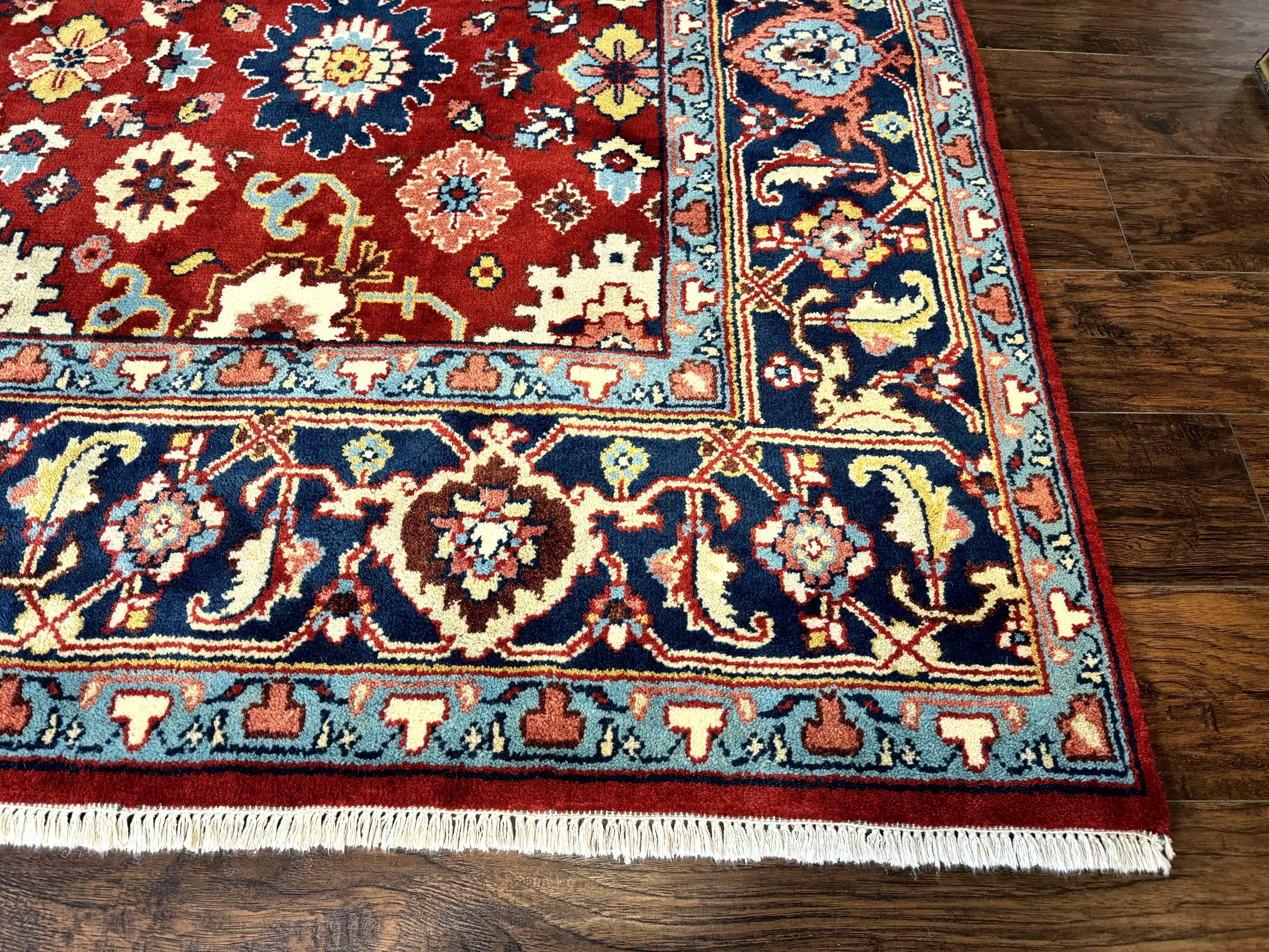 Indo Heriz Rug 8x10, Red and Navy Blue, Allover Pattern, Wool Handmade Carpet - Jewel Rugs