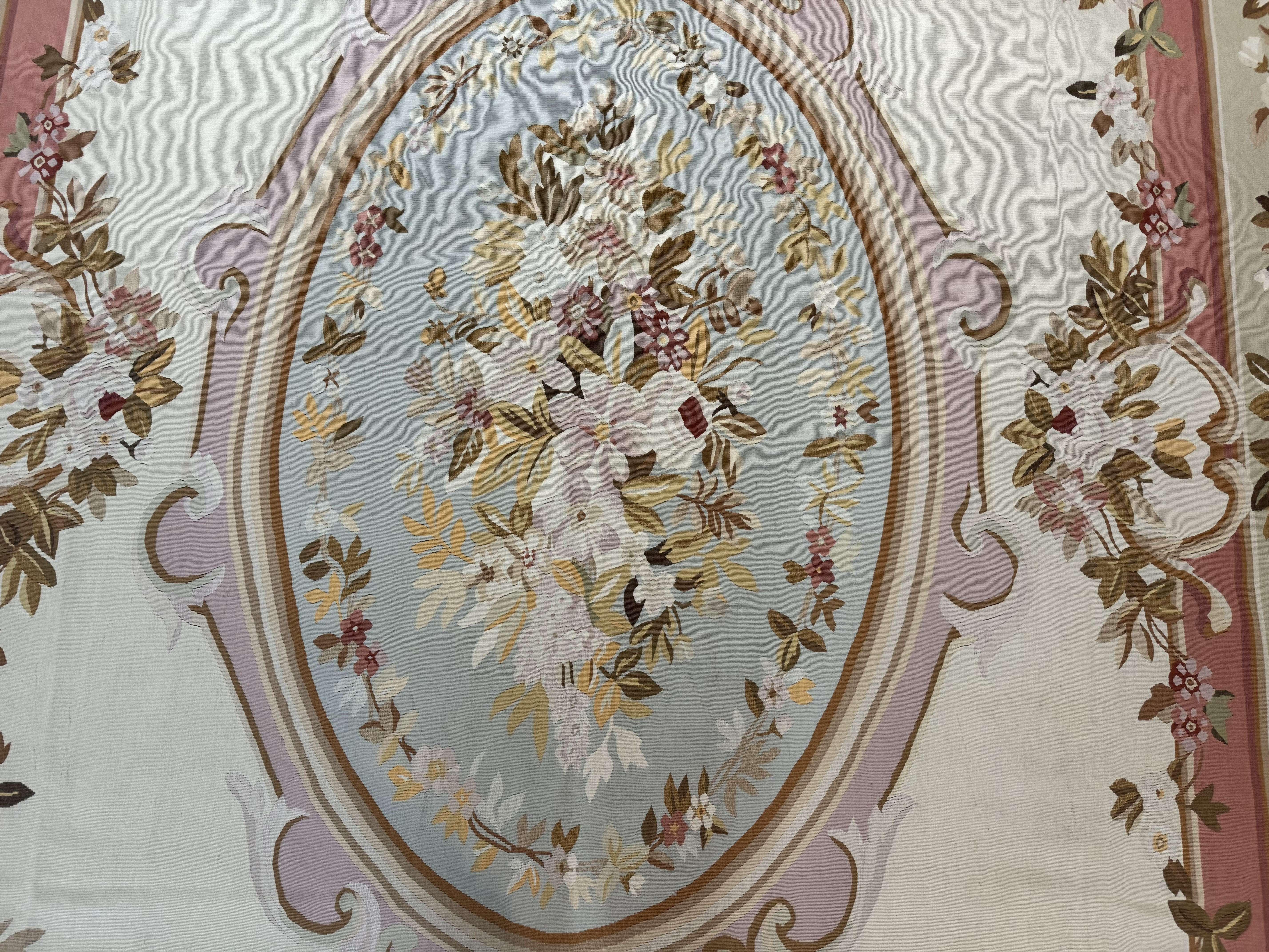 French Aubusson Rug 10x14, Vintage Flatweave European Handmade Carpet, Ivory LIght Blue Pink, Large Aubusson Rug - Jewel Rugs