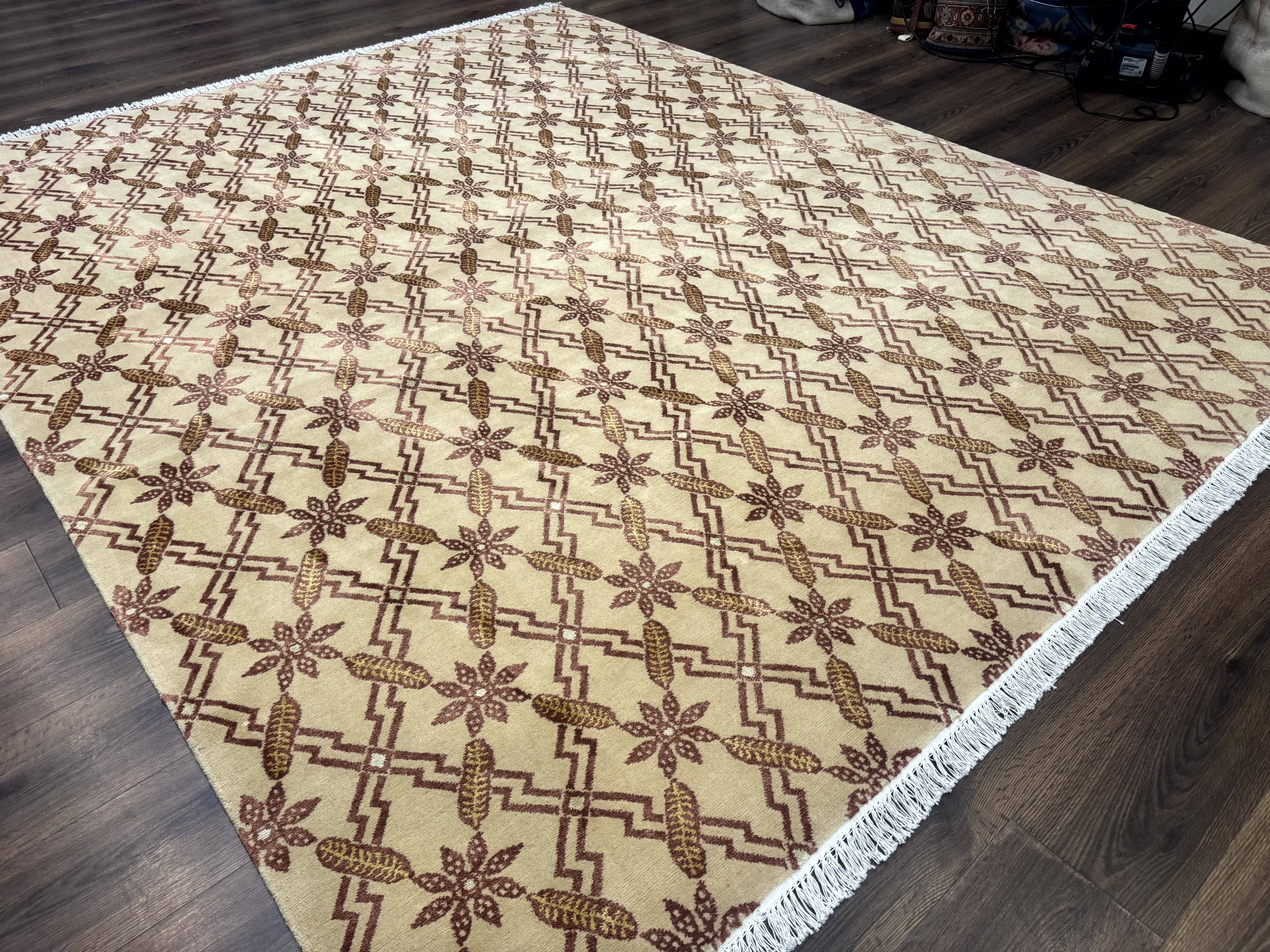 Tibetan Rug 8x10, Wool with Silk Highlights, Beige and Maroon, Contemporary Carpet - Jewel Rugs