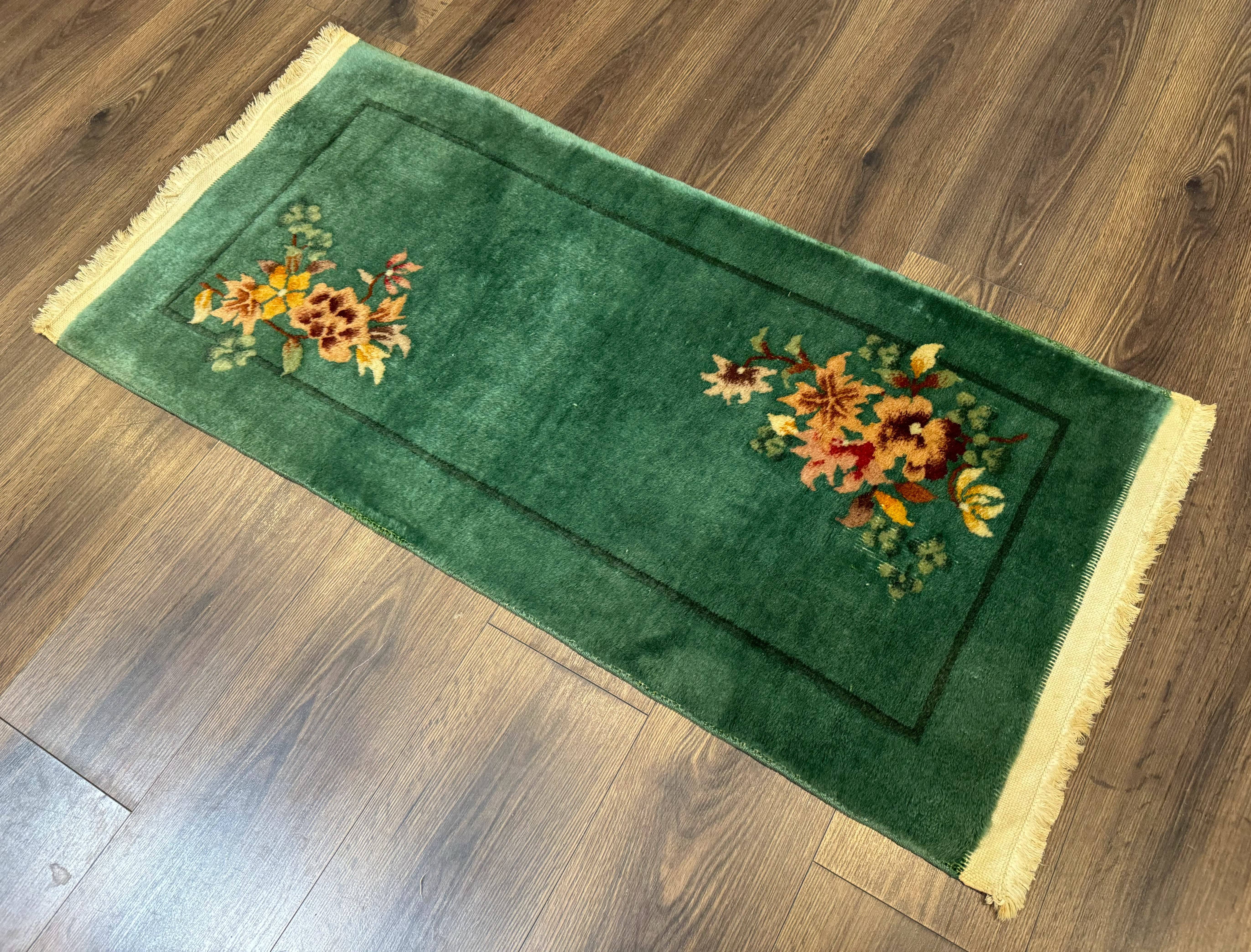 Small Antique Chinese Art Deco Rug 2x4, Green, Nichols Carpet, Wool - Jewel Rugs