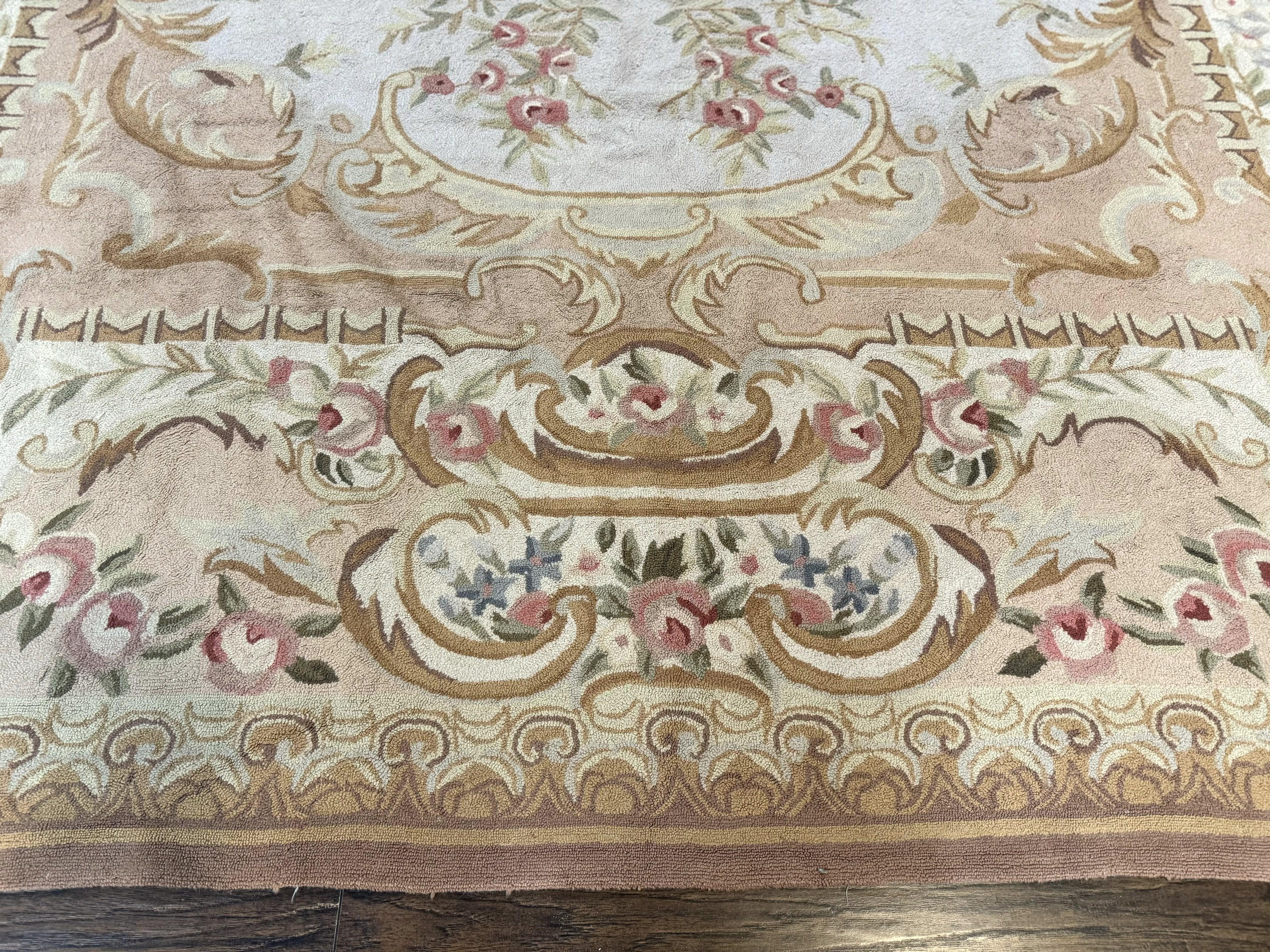 Hooked Aubusson Rug 8x11, Light Blue Ivory Beige Pink, Elegant European Design, Vintage - Jewel Rugs