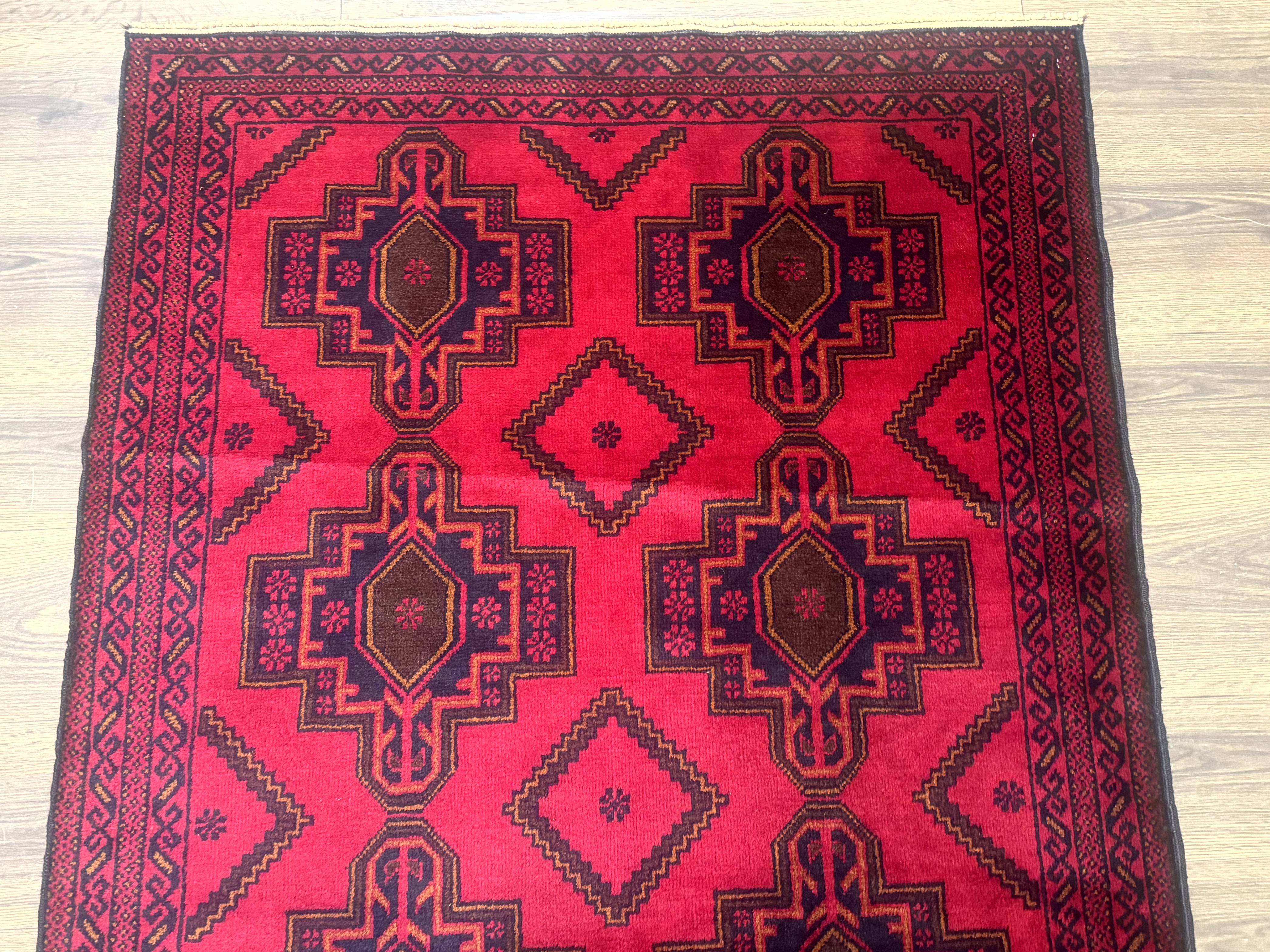 Afghan Rug 4x7, Tribal Carpet, Balouch Rug, Red and Navy Blue, Repeated Medallions, New - Jewel Rugs