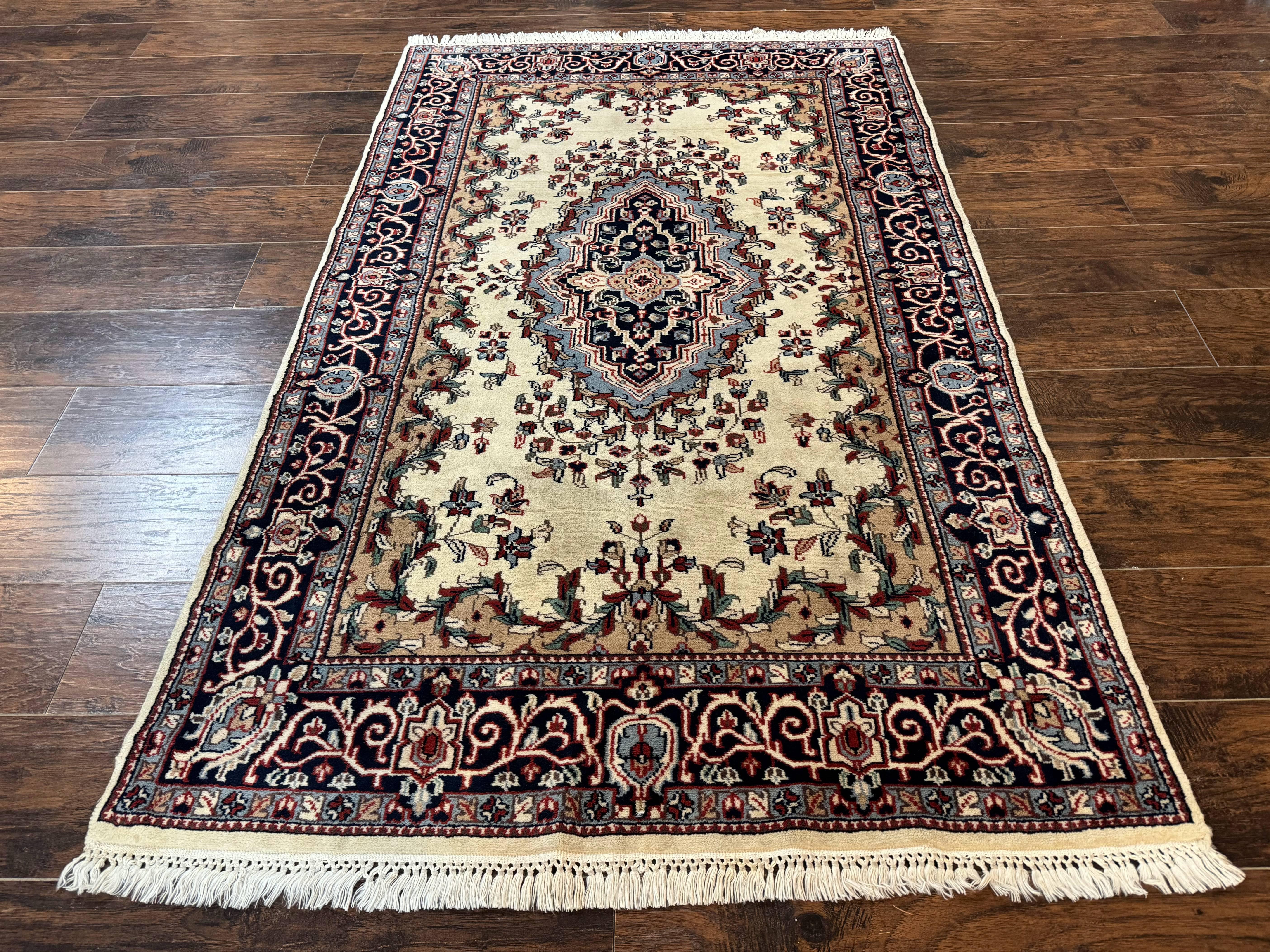 Indian Kashmiri Rug 4x6, Ivory Beige Navy Blue, Traditional Indo Persian Rug - Jewel Rugs