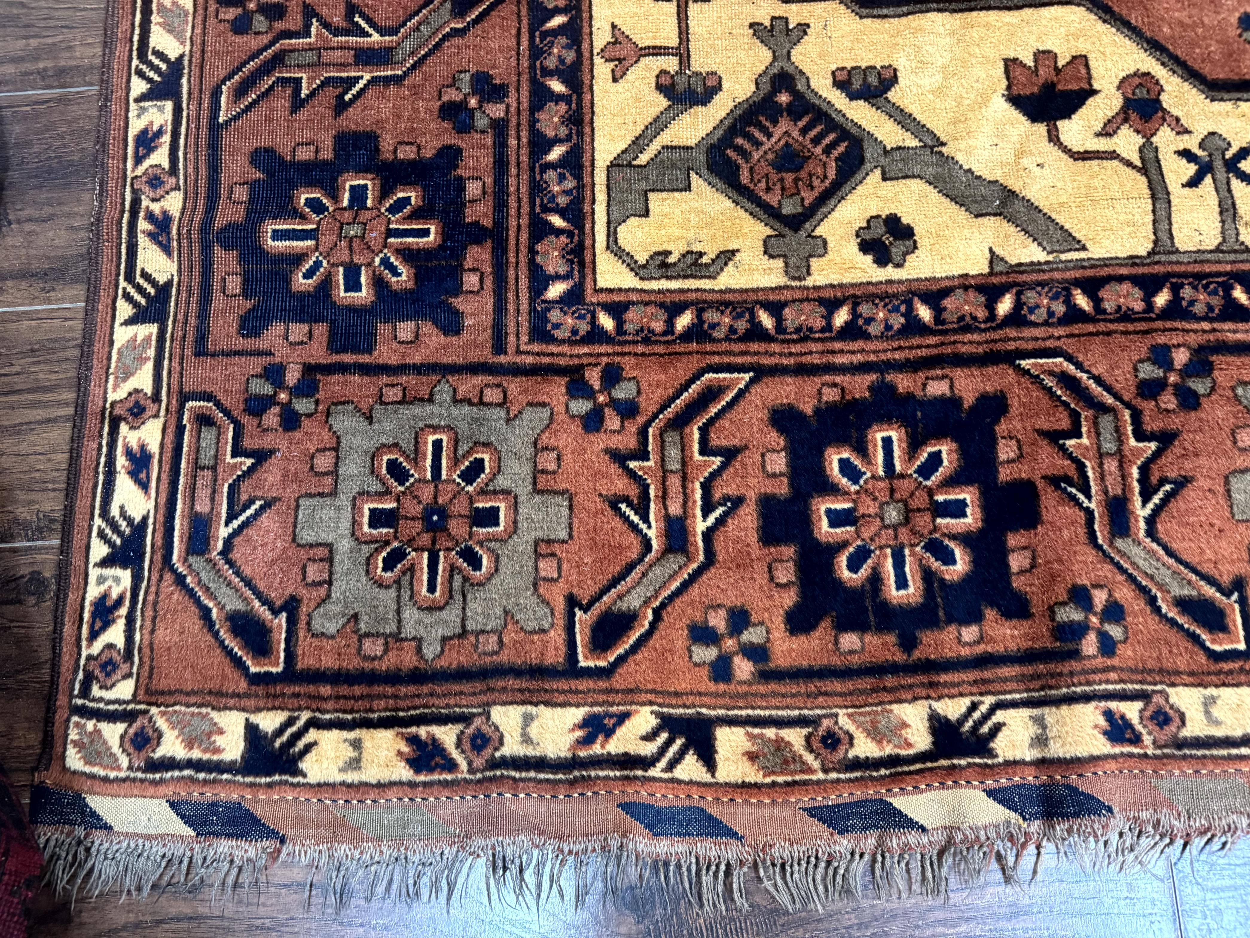 Afghan Heriz Rug 9x12, Tribal Geometric Serapi Carpet, Rust Cream and Navy, Wool on Wool - Jewel Rugs