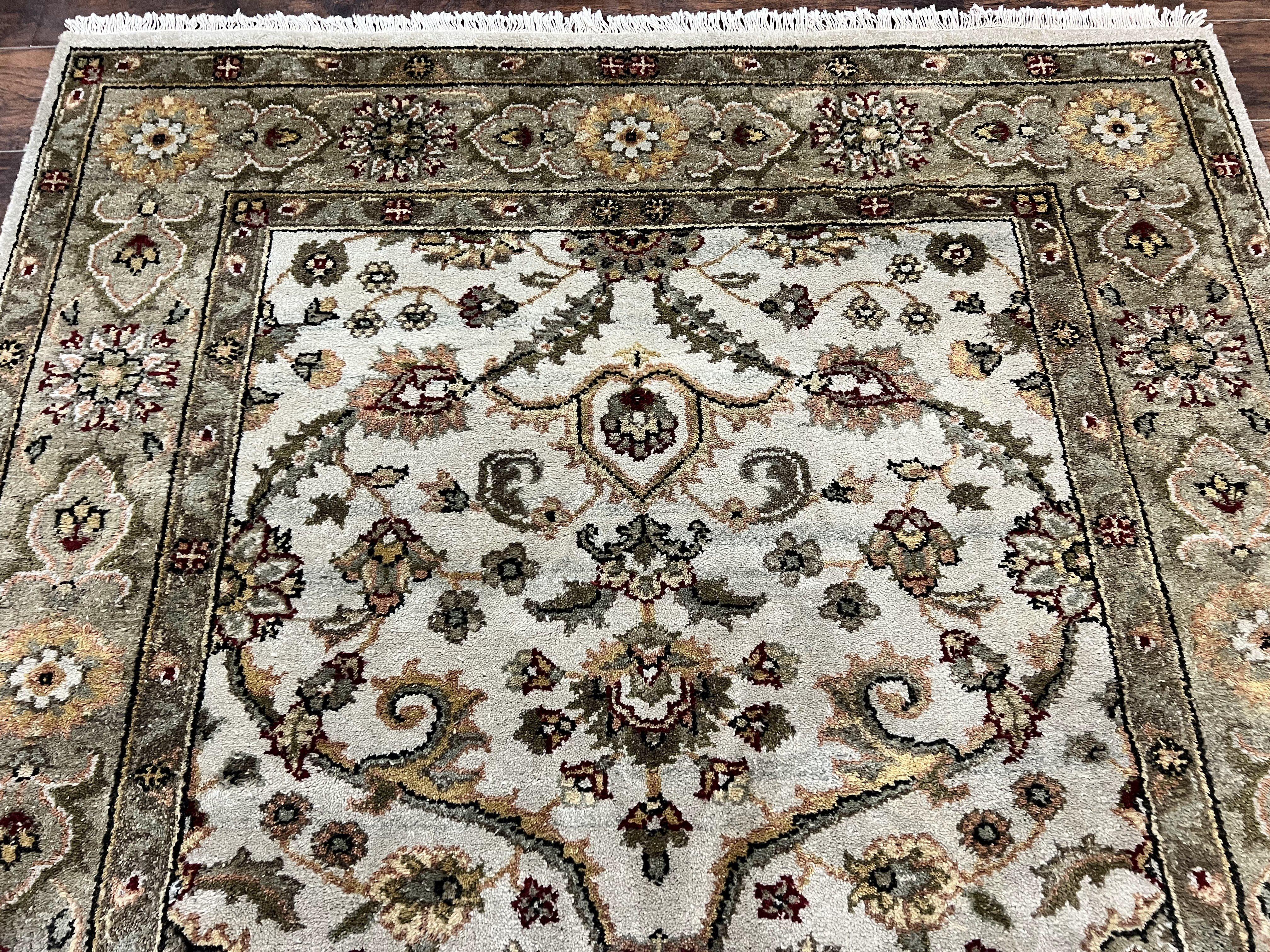 Indo Persian Rug 5.6 x 8, Wool Hand Knotted Vintage Carpet, Beige Indian Mahal Traditional Oriental Rug, Allover Floral, Tea Wash Rug - Jewel Rugs